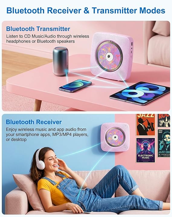 Portable CD Player Bluetooth Radio with CD-Player with Speaker Support USB & AUX Playback with Remote Control Dust Cover Purple