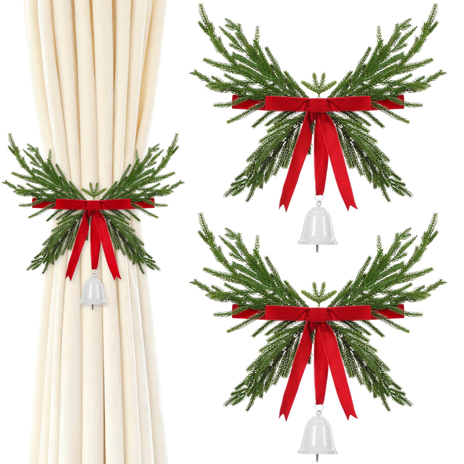 2 Pcs Christmas Wreath Curtain Tieback Buckle with Velvet Ribbon Bow and Bells Christmas Curtain Holdbacks Fastener for Xmas Holiday Window Home Decoration(Red, White)