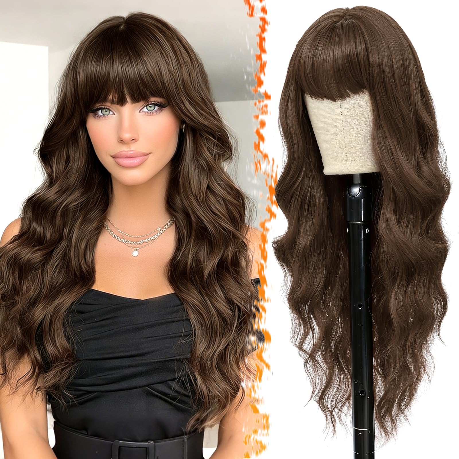 Long Wavy Light Chocolate Brown Wig With Bangs - 26 Inch Long Wavy Brown Wig with Bangs for Women - Thick Soft Synthetic Hair Replacement Wigs Natural Looking Daily Cosplay Party Halloween