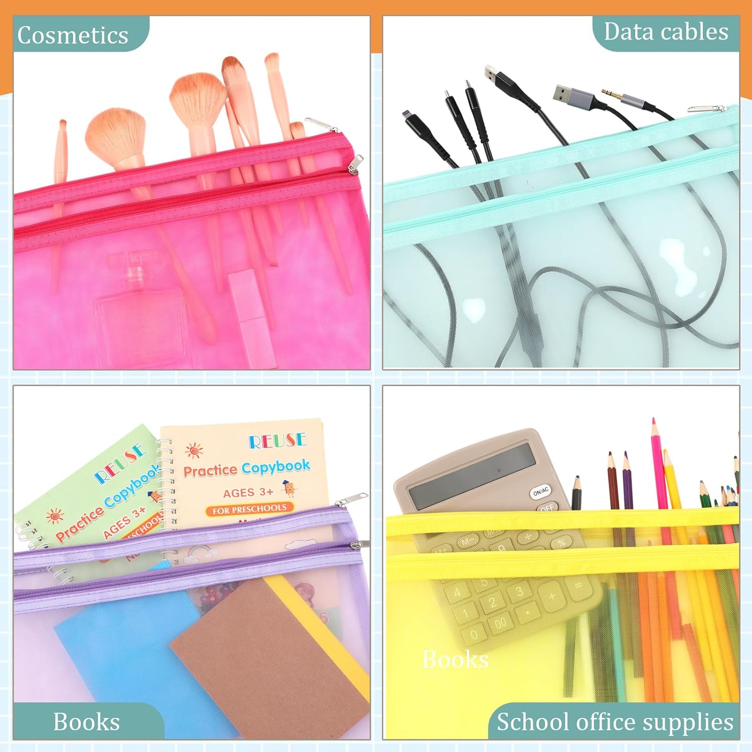 Marspark 30 Pack 10 Color Mesh Zipper Pouch Bags A4 Nylon Organizing Bags Breathable See Through Zipper Pouch with Handle for Office Games