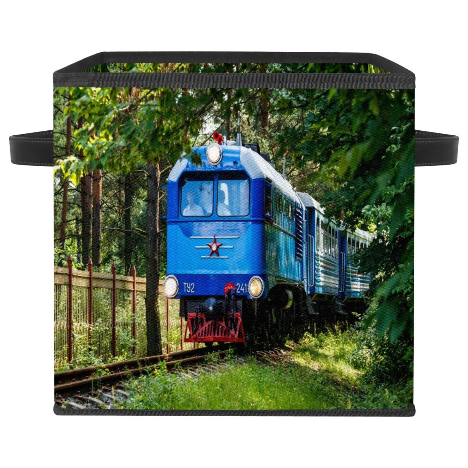 Boîte de rangement cube pliable train vintage en tissu avec poignées pour chambre