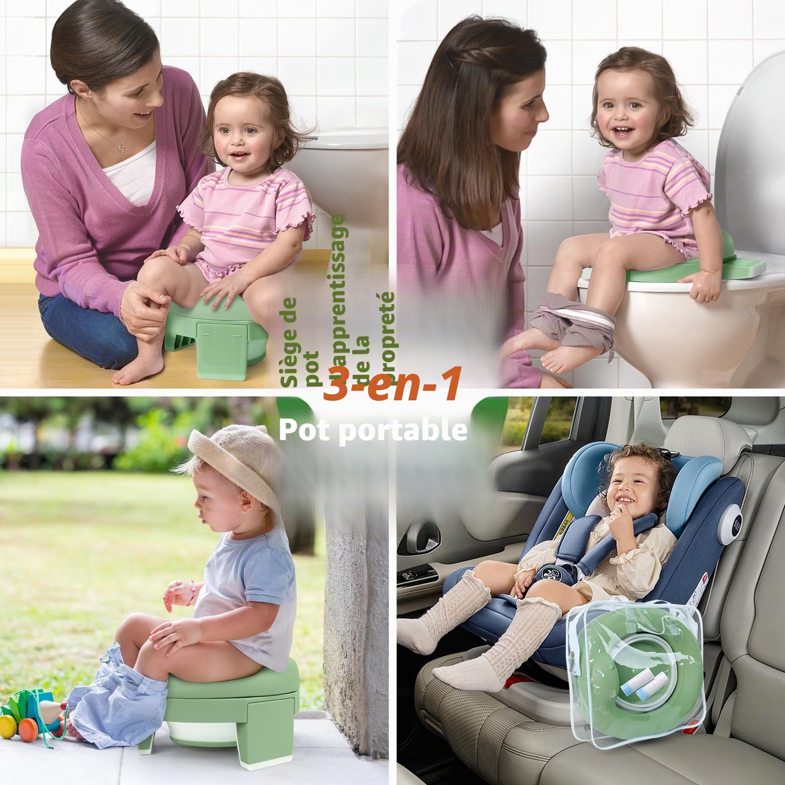 TYRY.HU Pot Bebe Toilette 3-in-1 Reducteur Toilette Enfant Wc Petit Pot Voyage EVA Souple Siège Rehausseur Cuvette Bébé Avec Sac pour Garçon et Fille Intérieur Extérieur(Vert)