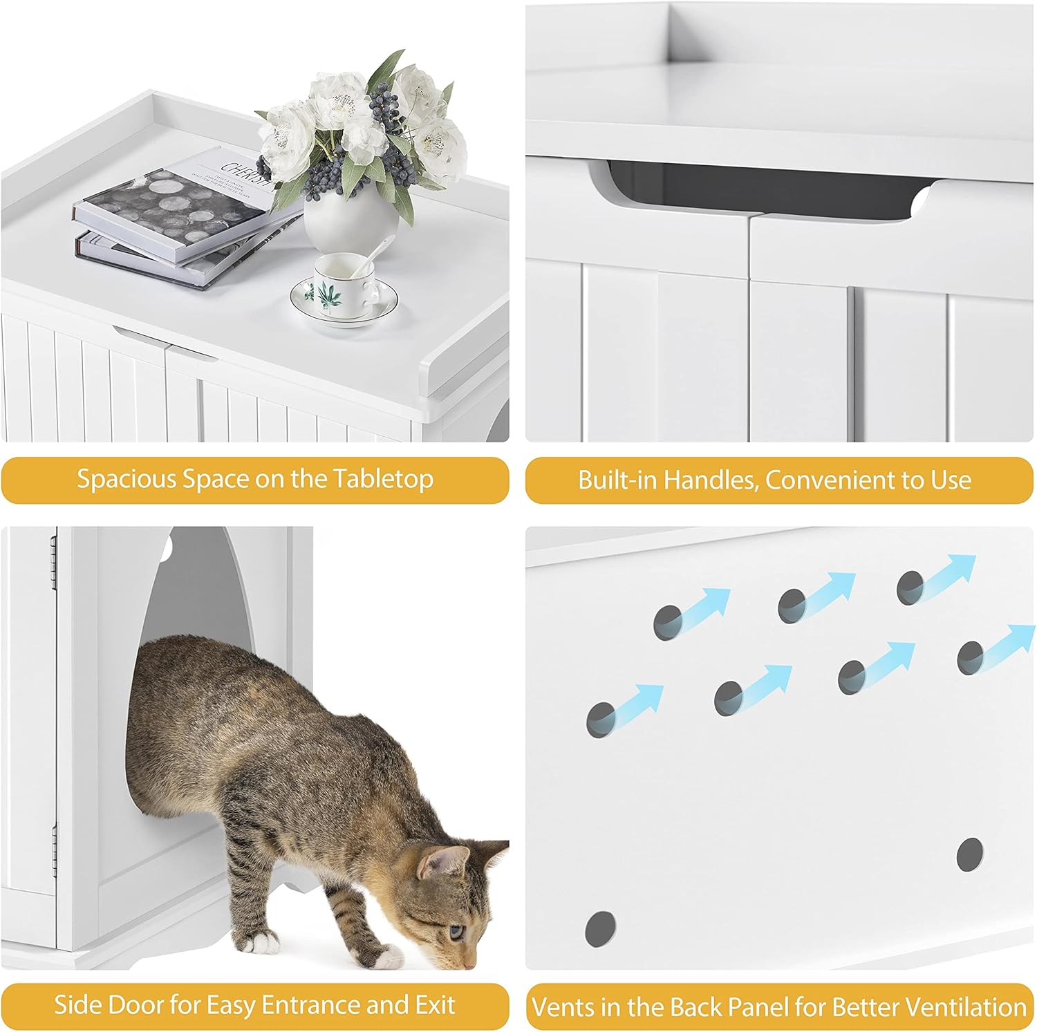 Topeakmart Wood Cat Litter Box Enclosure, Storage Pet End Side Table w/ 2 Doors, Decorative Litter Box Hidden Cat Washroom Pet Kitty House, White
