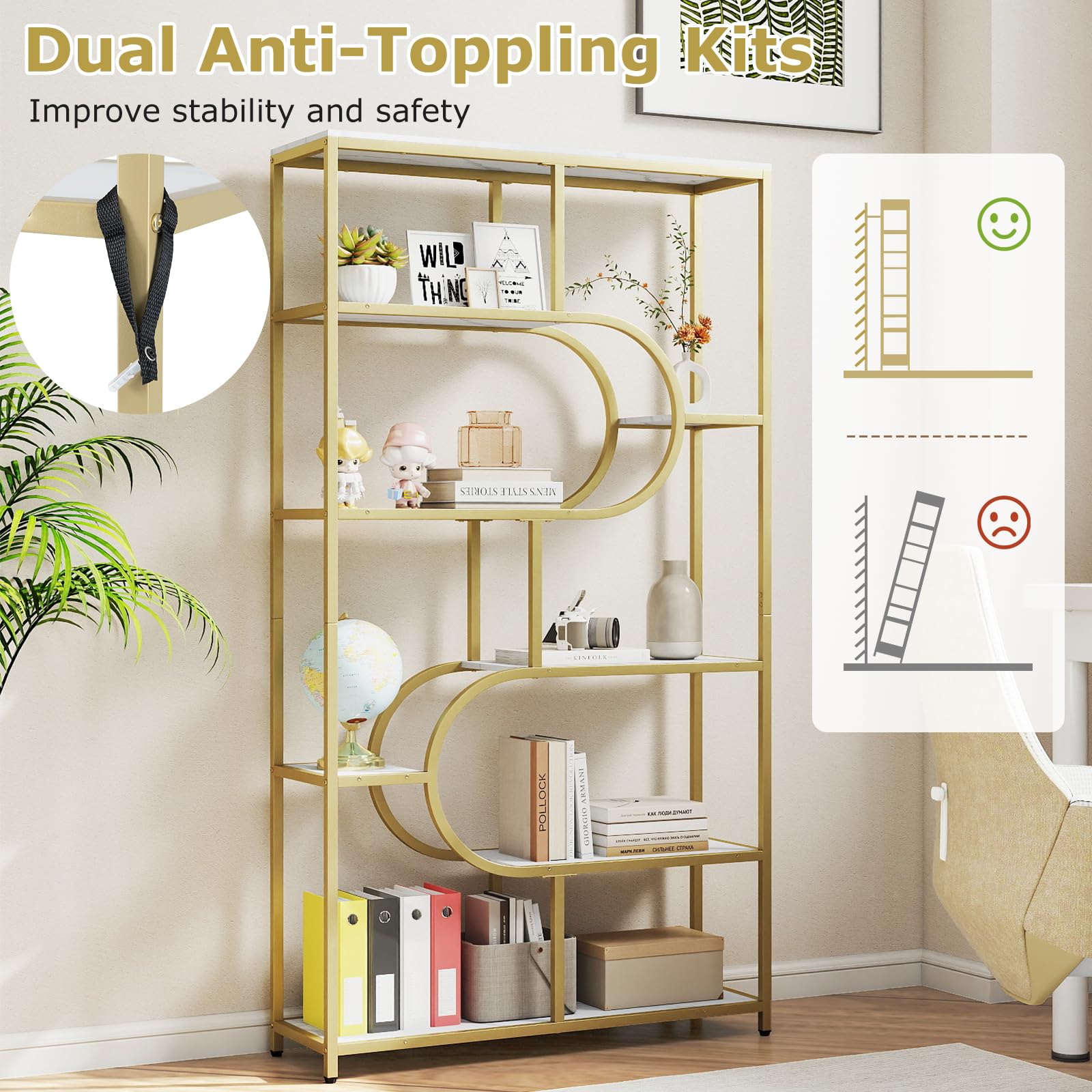 HOMASIS Libreria a Multi Livelli in Legno a Forma di Mezzaluna, Mensola da Parete con Ripiani Aperti, Scaffale Contenitore per Soggiorno, Ufficio (Bianco, Modello 1, 95 x 30 x 175 cm)
