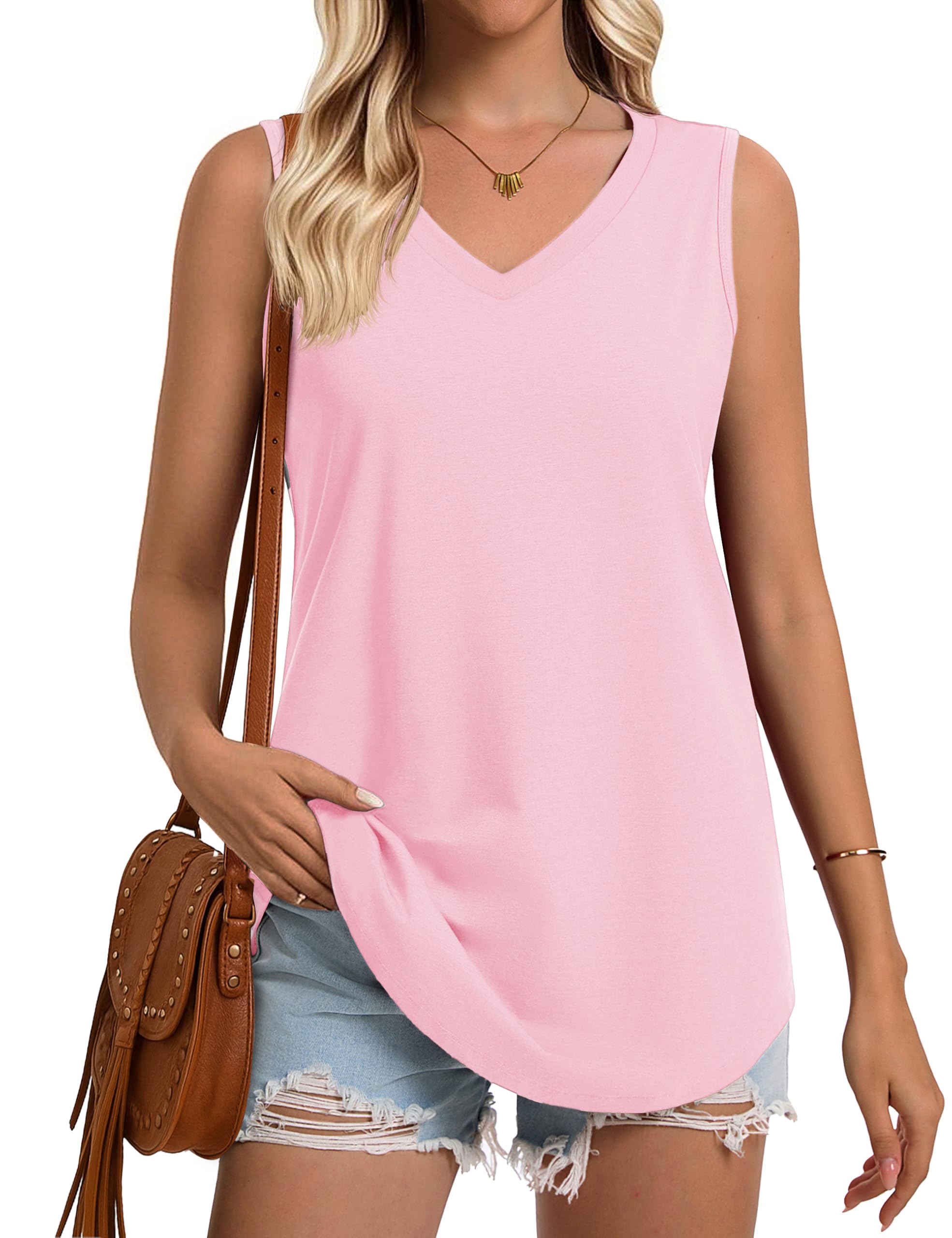 YUCOLEN Womens Tank Tops Sleeveless V Neck Loose Fit Shirts Summer Flowy Curved Hem UPF 50 Basic Clothes