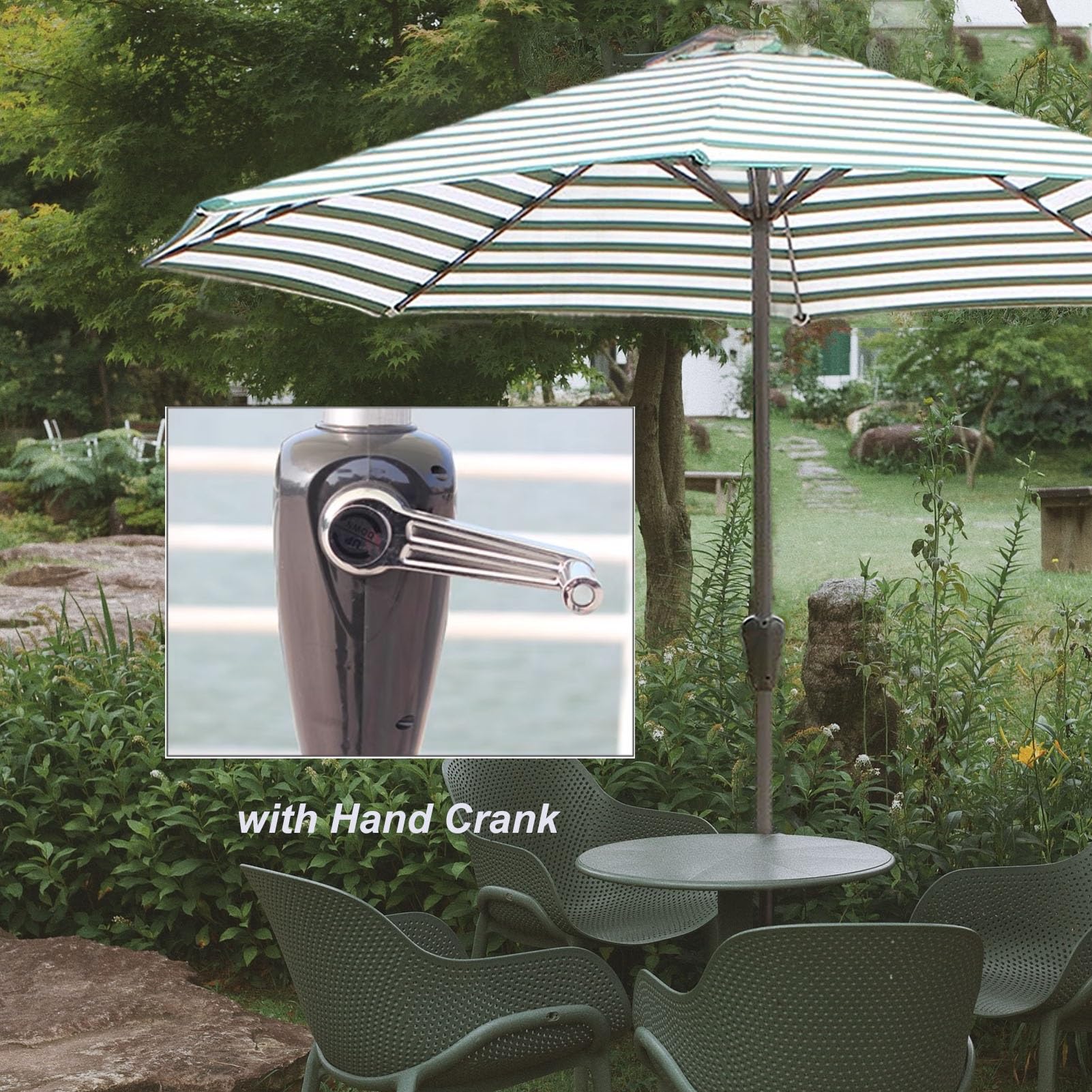 270 cm Parasol Patio z Korbą Ręczną, Zielony, Biały Pasek, Zewnętrzny Parasol Plażowy, Ochrona UV50+ Wodoodporny do Basenu, Werandy, Ogrodu, Podwórko
