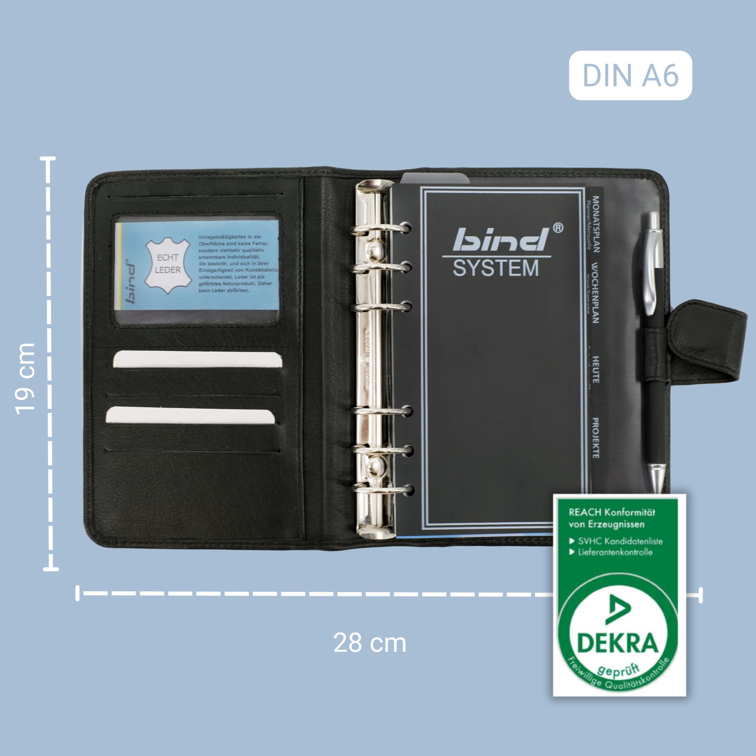 bind 10111 - Planer systemowy A6, organizer ze skóry nappa, terminarz w kolorze czarnym, teczka na kalendarz ok. 19 x 14 x 4 cm, teczka z wkładką systemową z kalendarzem 1 dzień = 1 strona, teczka