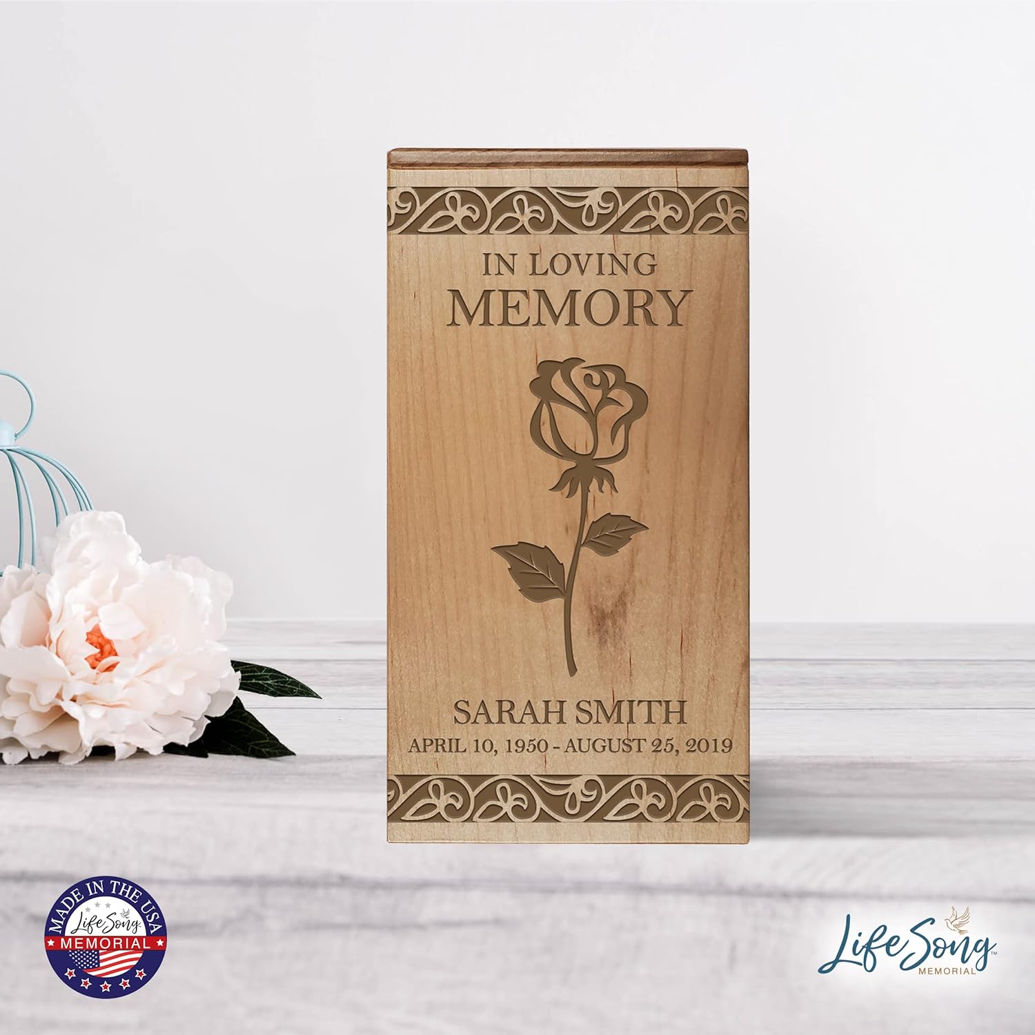 LifeSong Milestones Personalized Engraved Memorial Cremation Keepsake Urn Box| Wooden Funeral Urn for Adult Human Ashes| Rose Cross Holds 100 Cu Inches Of Human Ashes Funeral Keepsake Urn (Maple)