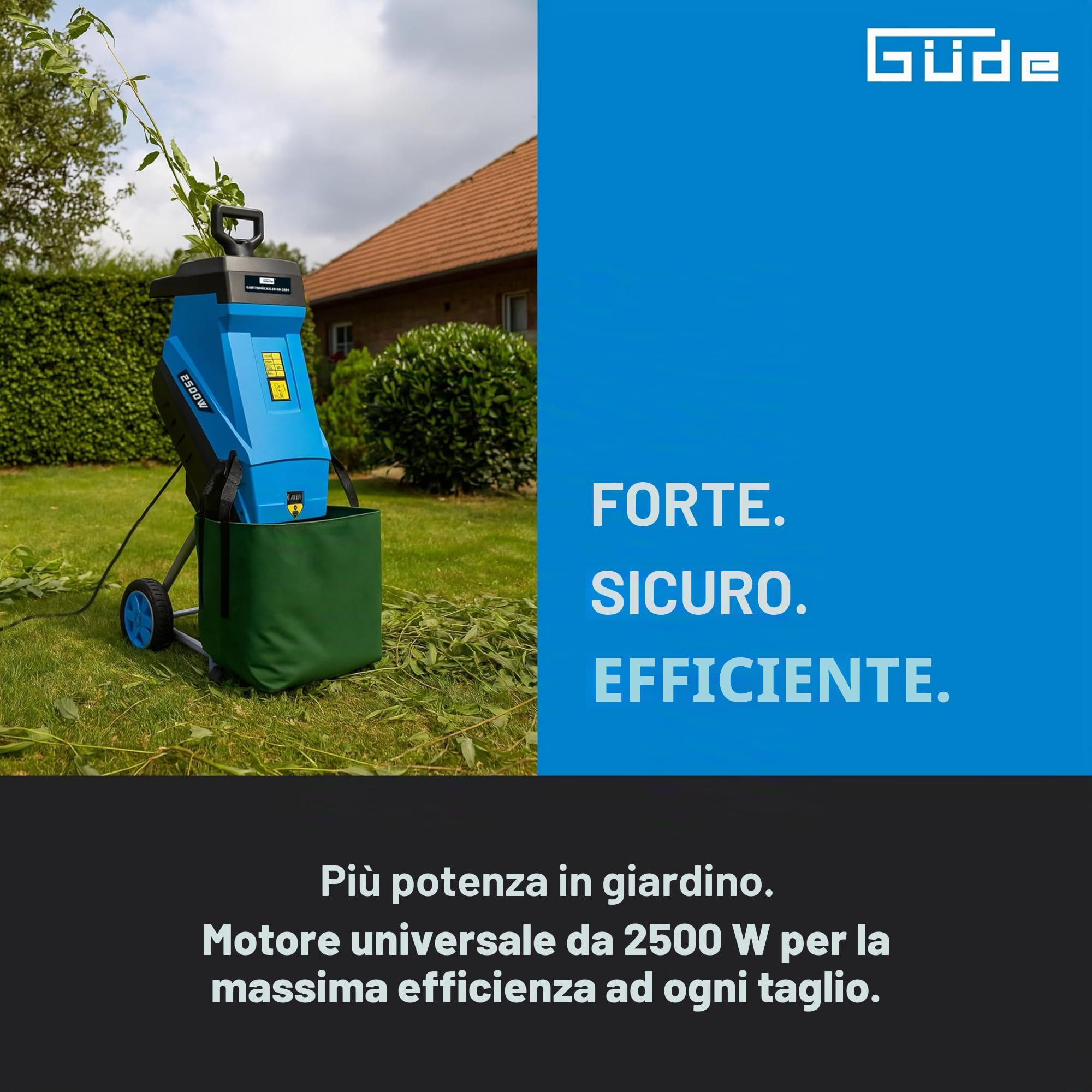 Güde Trituratore da giardino GH 2501 (2500 W, tecnologia a coltello, bassa manutenzione, autoalimentatore, ruote di trasporto, fusibile di sovraccarico, spessore massimo 45 mm, con sacco di raccolta