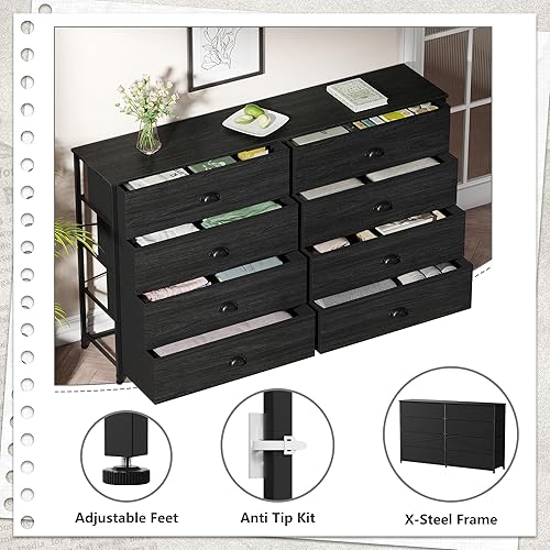 Miniatura 9 de Furnulem Cómoda ancha con 8 cajones de tela, centro de entretenimiento de TV con almacenamiento para TV de 55 pulgadas, cómoda grande para Roble