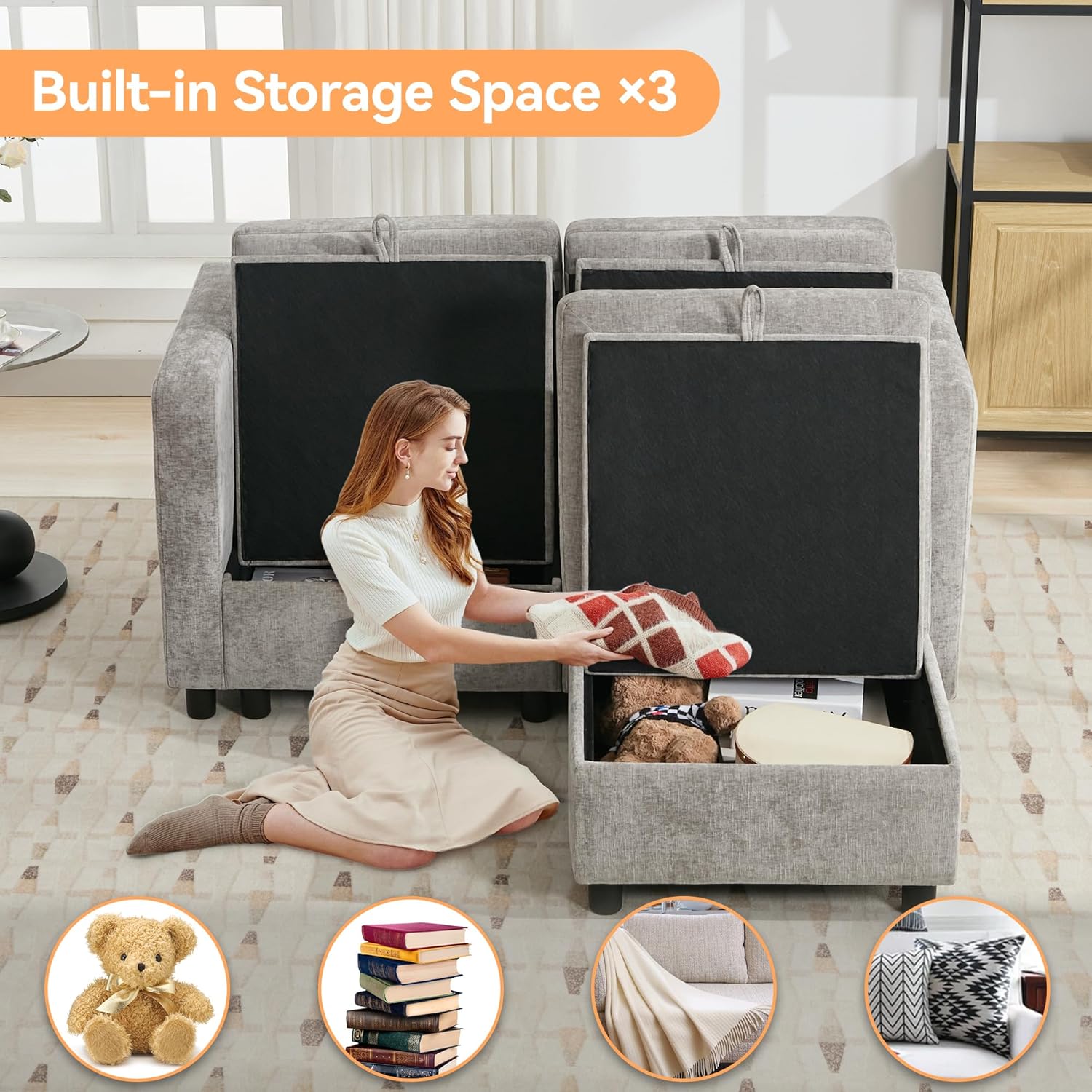 WUTUTUEE 58”Modular Sectional Loveseat Sofa with Storage, Comfy Office L Shaped Sofa Couch, Chenille Love Seat Modular Sectional Couch with Movable Ottoman for Living Room, Bedroom, Light Grey