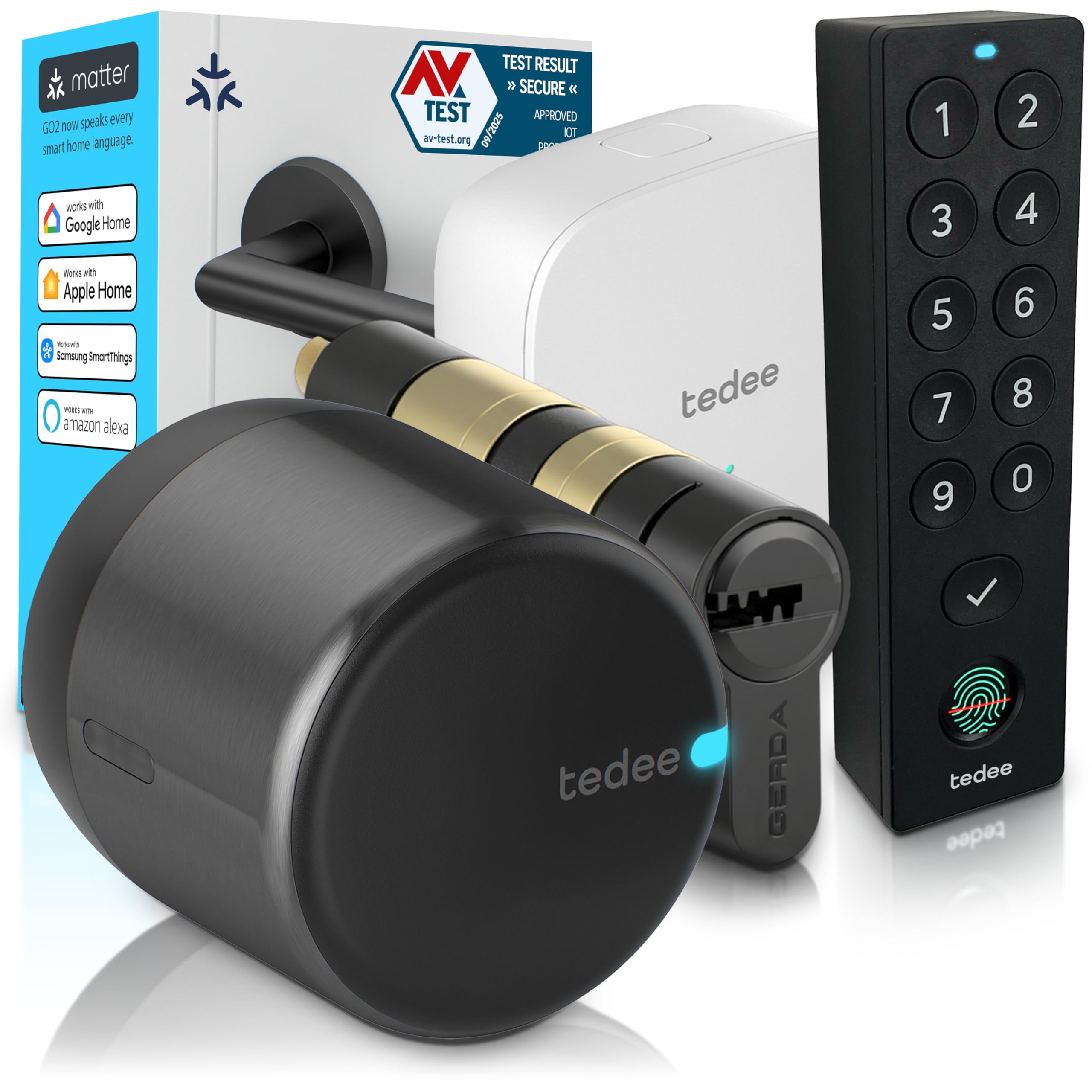Tedee GO2 Alu Serrure Intelligente Connectée avec Bridge WiFi, Keypad PRO et Cylindre Gerda EXXO Smart | Sécurité Classe 6, Empreinte Digitale | Compatible Matter, Alexa, Google Home, Apple, Smart