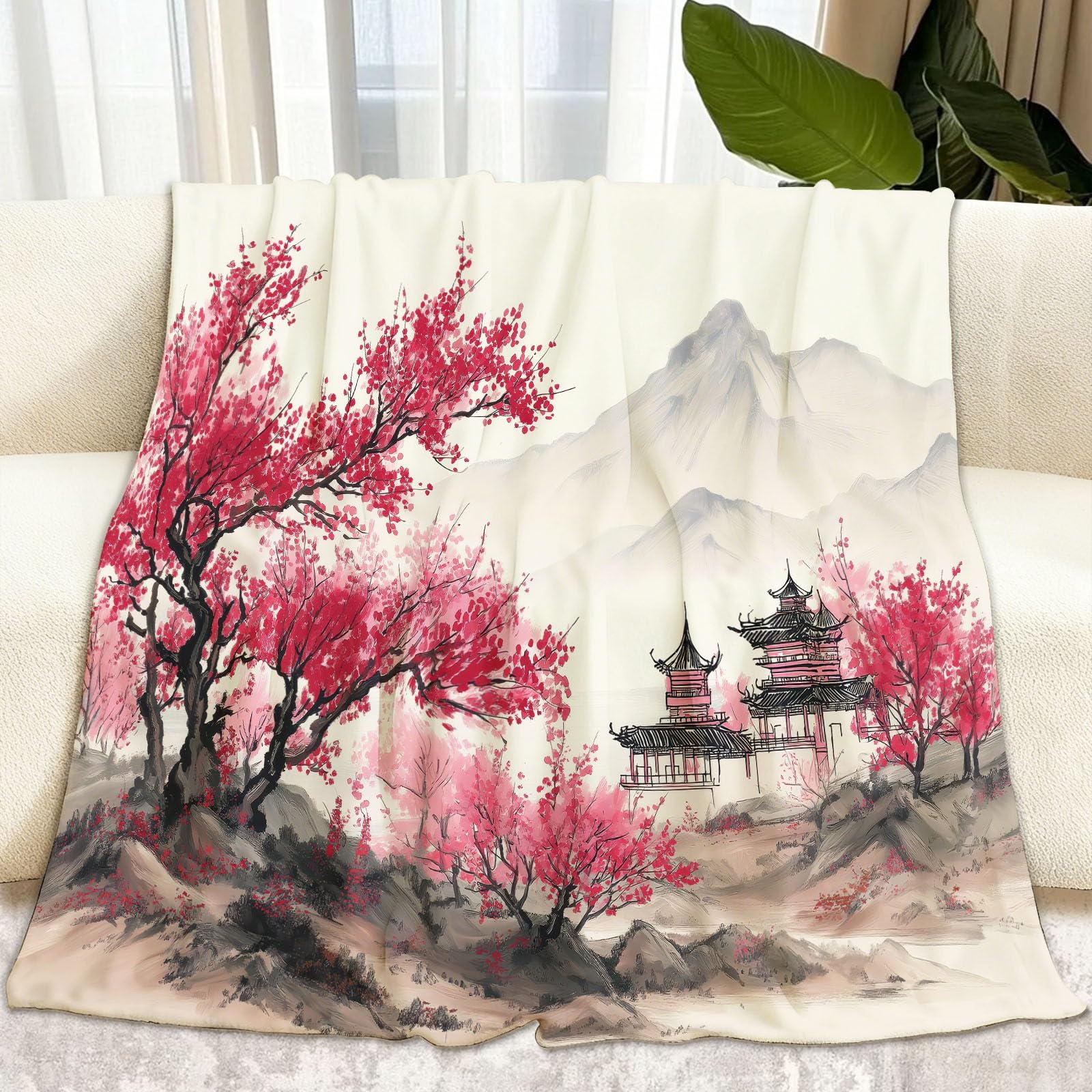 Peinture À L’Encre Chinoise Couverture Plaid Polaire Chaude 180 x 200 cm Montagnes Pagode Fleurs De Cerisier Couverture Imprimée pour Canapé Sofa Lit Voyager - Beige Plaid en Flanelle Doux Convient