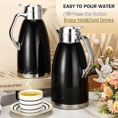 Miniatura 5 de Tioncy 2 jarras térmicas de café de 78 onzas, dispensador de agua caliente, jarra de acero inoxidable para café líquido caliente, té, leche con 2
