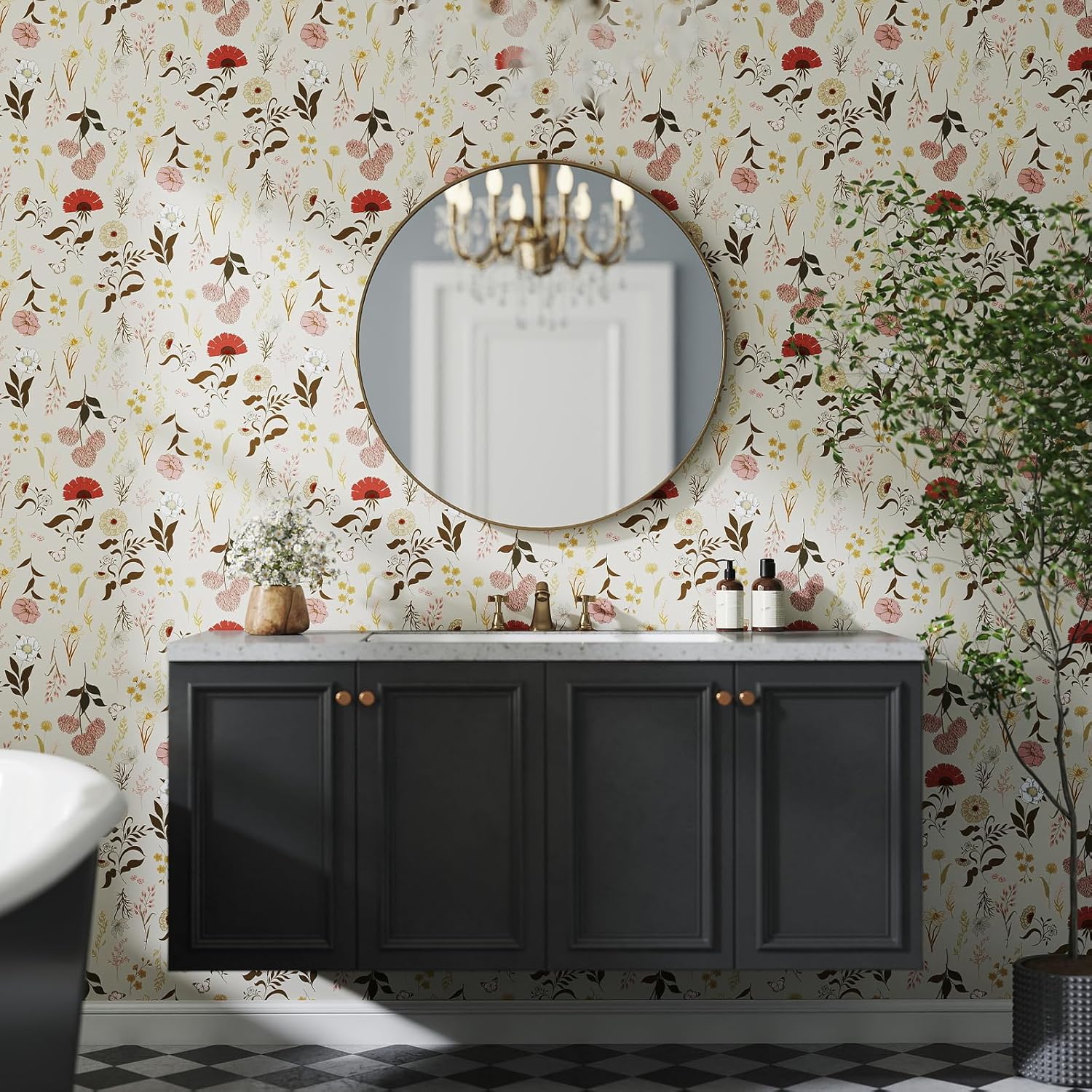 Timeet Peel and Stick Wallpaper Floral Wallpaper Vintage Boho Contact Paper Beige Butterfly Removable Self Adhesive Wall Paper Vinyl for Bedroom Furniture Cabinet Wall Decor 17.3"X 400"