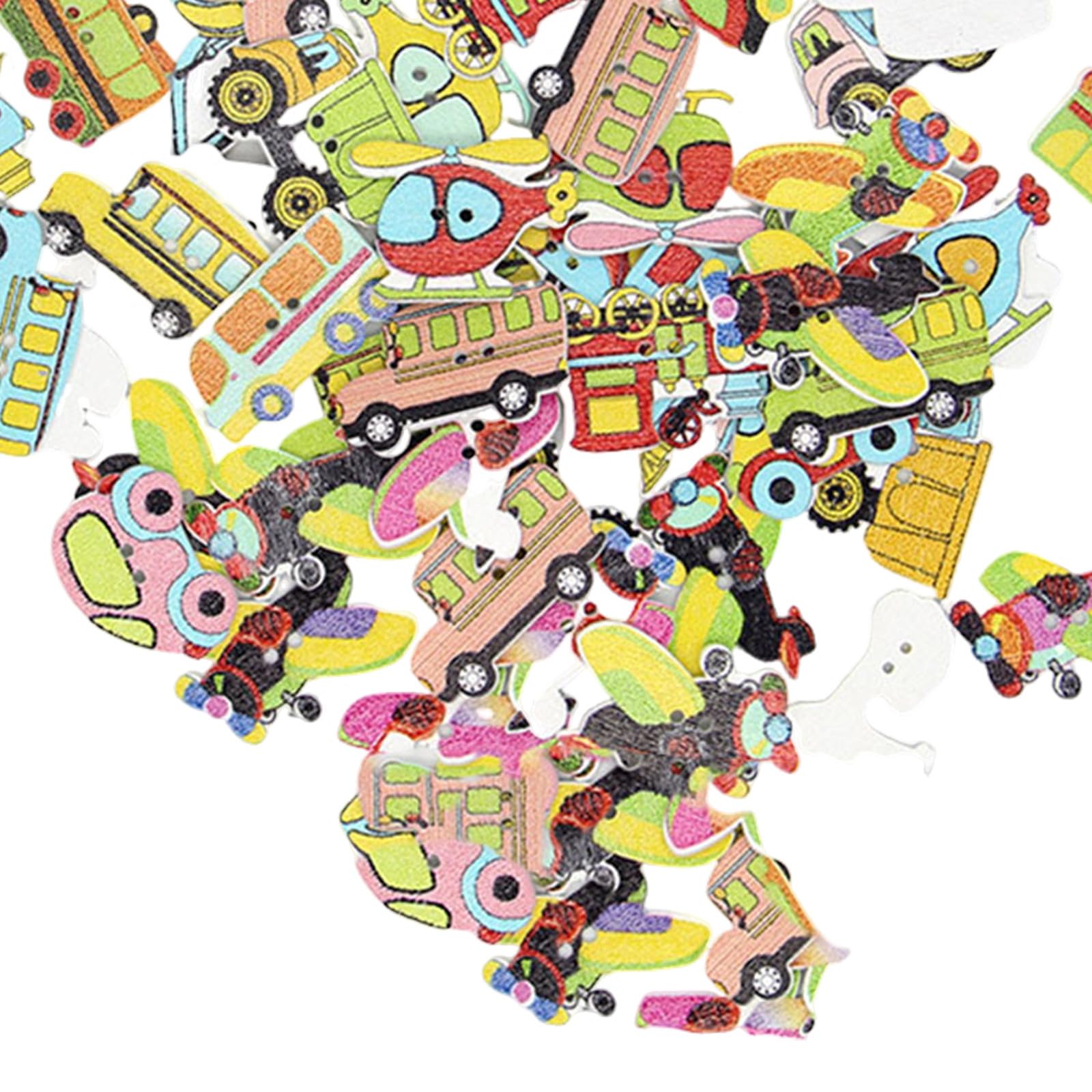 PLAFOPE Holzknöpfe 100 Stück Packung Farbenfrohe Cartoon Fahrzeugmotive Geeignet für Selbstgemacht Nähprojekte und Kinderbekleidung Zufällige Farbe
