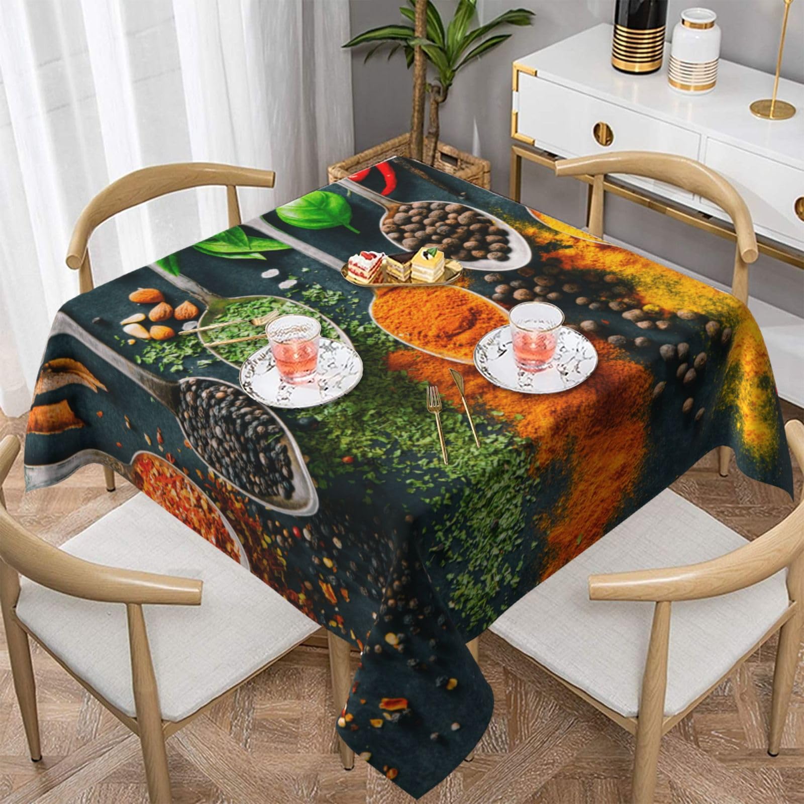 DCEHGEW Spices Prints Square Tablecloth 137x137 CM, Waterproof Fabric Table Cloth for Dining Table, Farmhouse Table Cover for Kitchen Dining Tabletop Decoration