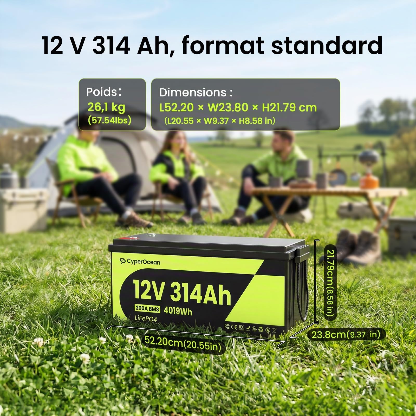 Lot de 2 Batteries LiFePO4 12V 314Ah, 8038Wh Batterie Lithium avec BMS 200A Protection Basse Température, Plus de 15000 Cycles, pour Camping-Car, Solaire, Bateau, Système Hors Réseau