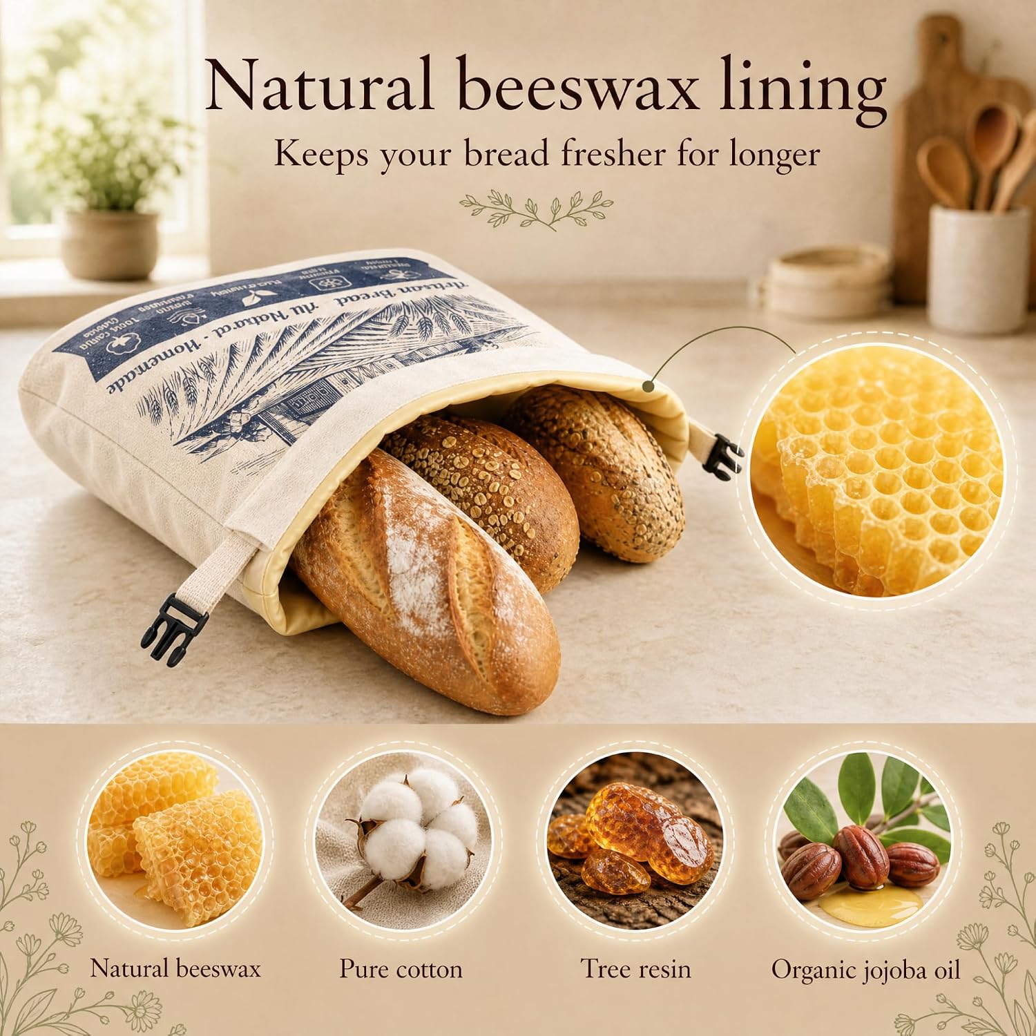 Beeswax Bread Bags for Sourdough & Homemade Bread, 2 XL Reusable Bread Storage Bags + Beeswax Bowl Cover - Navy Farmhouse Barn image 5