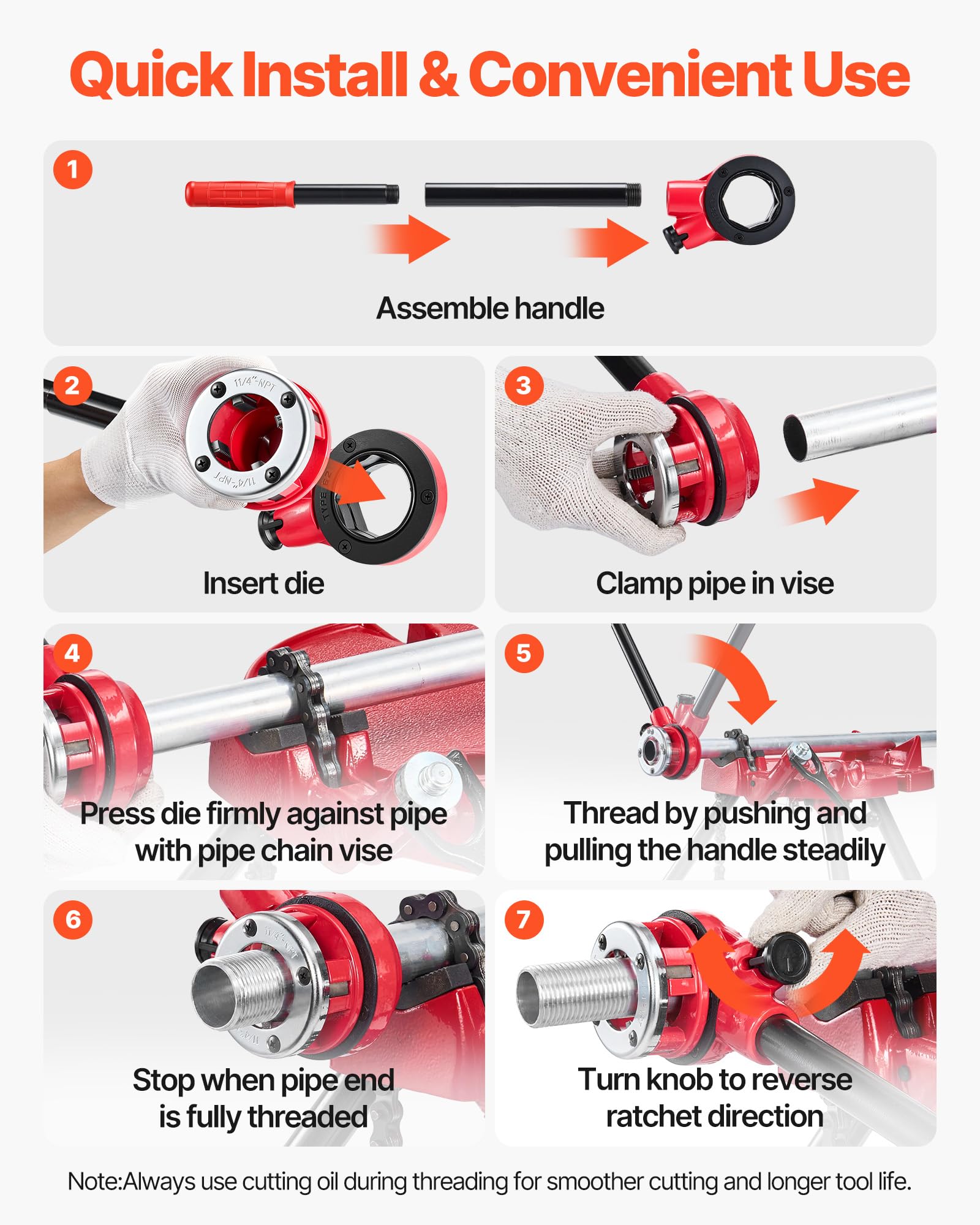 VEVOR Kit Filettatrice per Tubi a Cricchetto con 4 Filiere, 1/2", 3/4", 1", 1-1/4" NPT, Filettatrice Manuale per Tubi, Impugnatura Comoda, Valigetta Portatile per Installazione e Riparazione Idraulica