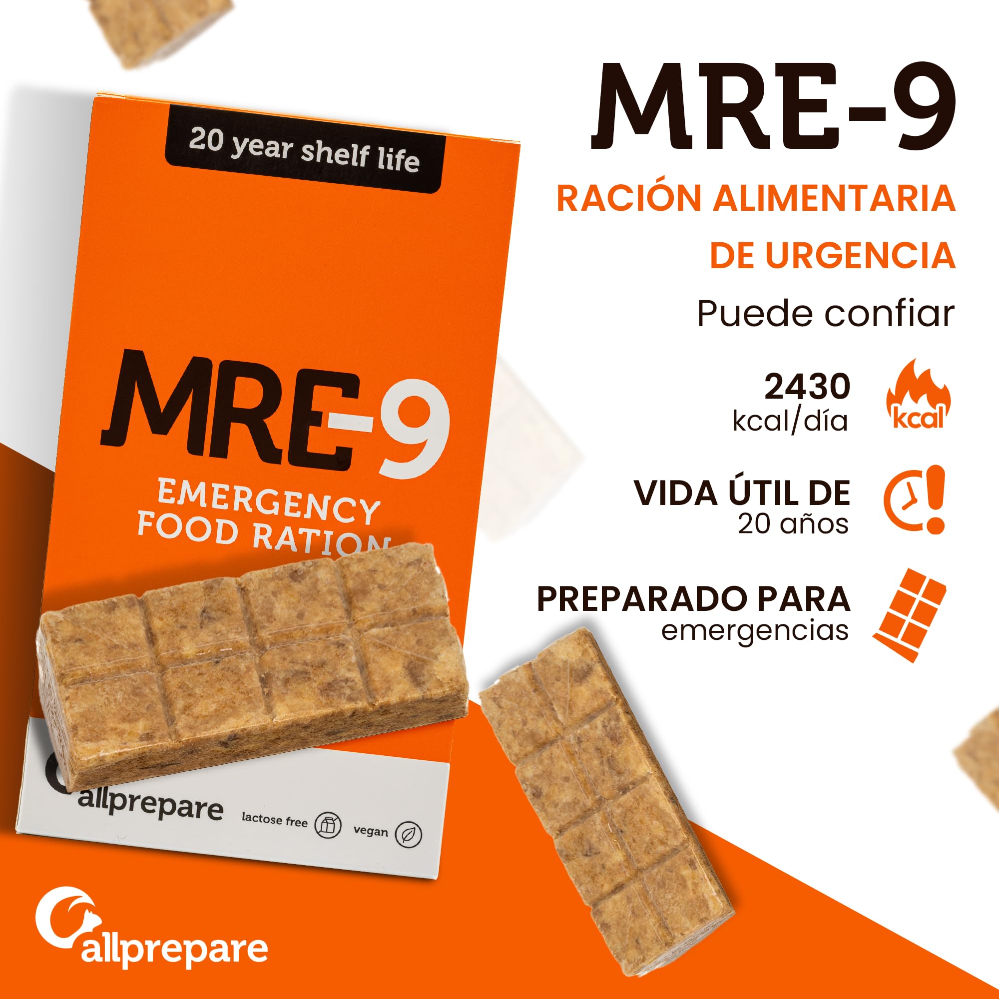 MRE-9 | Ración de emergencia | 20 años de vida útil | Vitaminas Extra | 24 x 500 g | Alimentos para Emergencias | Vida útil extremadamente larga