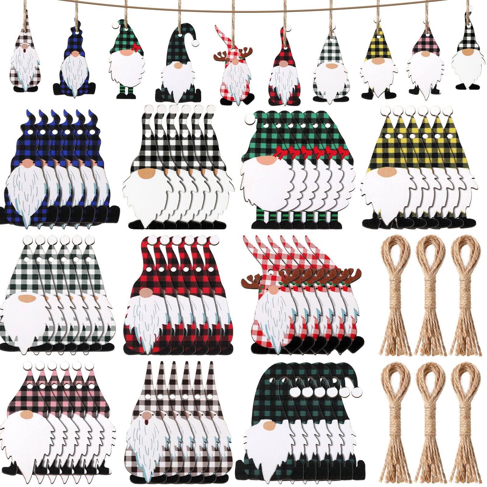 Gnome Wooden Hanging Ornaments Christmas Wood Hanging Decor for Christmas Tree Decoration Gnome Santa Doll Wooden Hanging Craft Gnome Elf Party Supplies (Plaid Style, 60 Pieces)