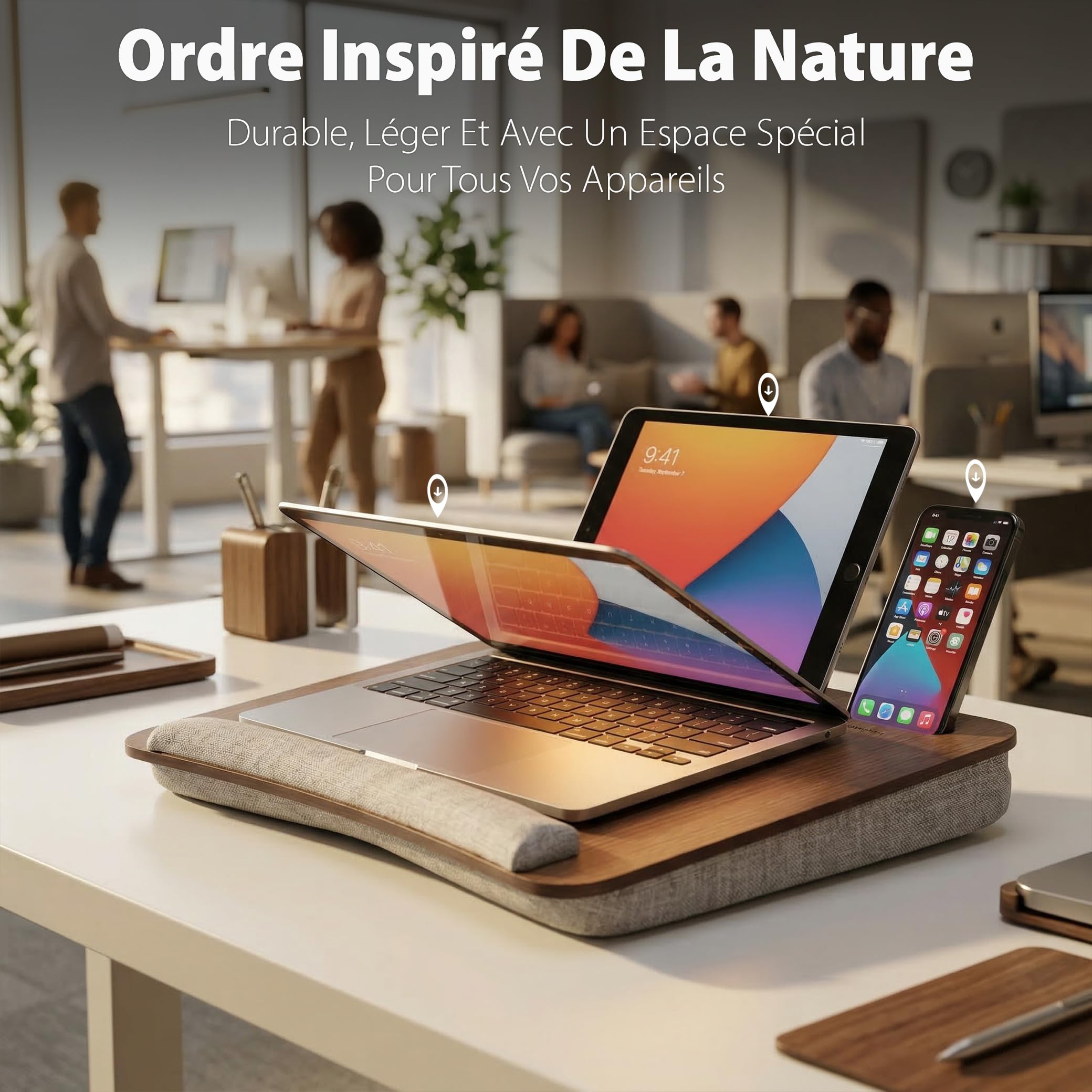 Vigo Wood Support d'Ordinateur Portable avec Coussin et Repose-Poignet, Table de Lit Portable pour Home Office avec Emplacement pour Tablette & Téléphone (Noyer)
