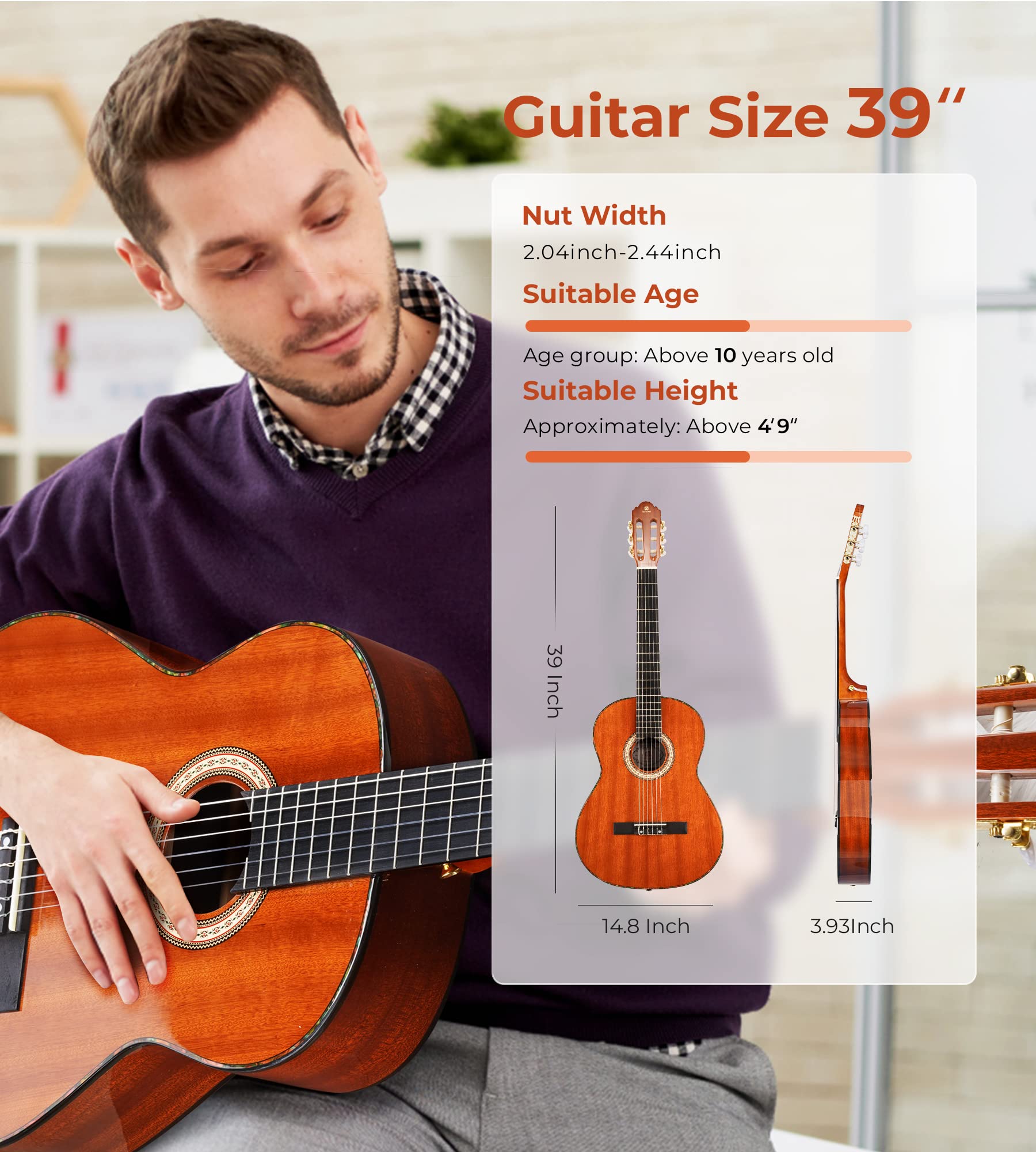 Vangoa Guitare Classique Pour Débutants, Guitare Traditionnelle 4/4, Table Tous les Matériaux Sapelli, Avec Housse, Pédale, Accordeur De Guitare, Capodastre, Cordes De Rechange, 39 Pouces