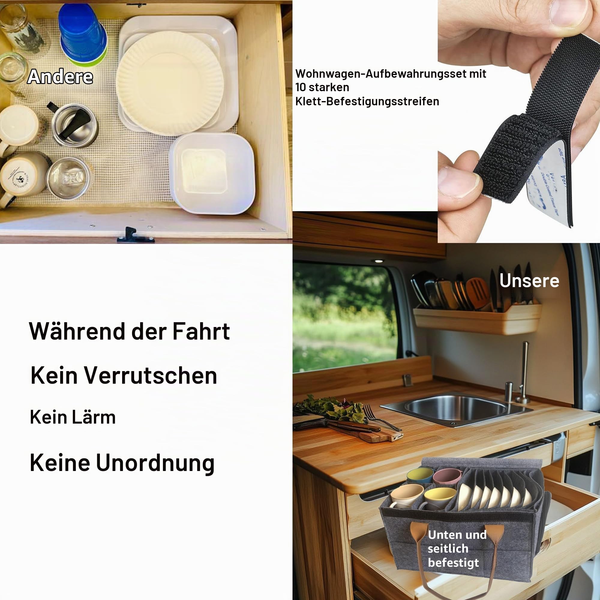 Caravan Geschirr Organizer aus Filz,Tellerhalter für Wohnmobil und Wohnwagen,Geschirr Aufbewahrung mit 8 Tellerfächern und 4 Tassenfächern,inkl. Klett-Fixierstreifen für Küchenschrank Ordnung