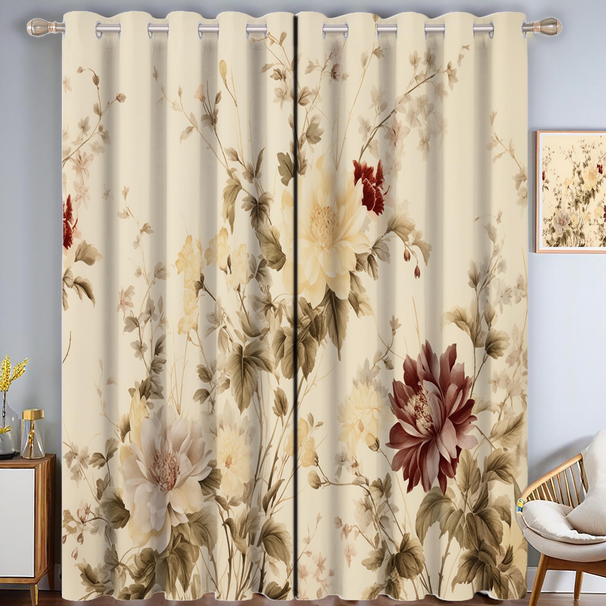 Rideaux occultants thermiques anti froid rideau beige floral 140x175 cm