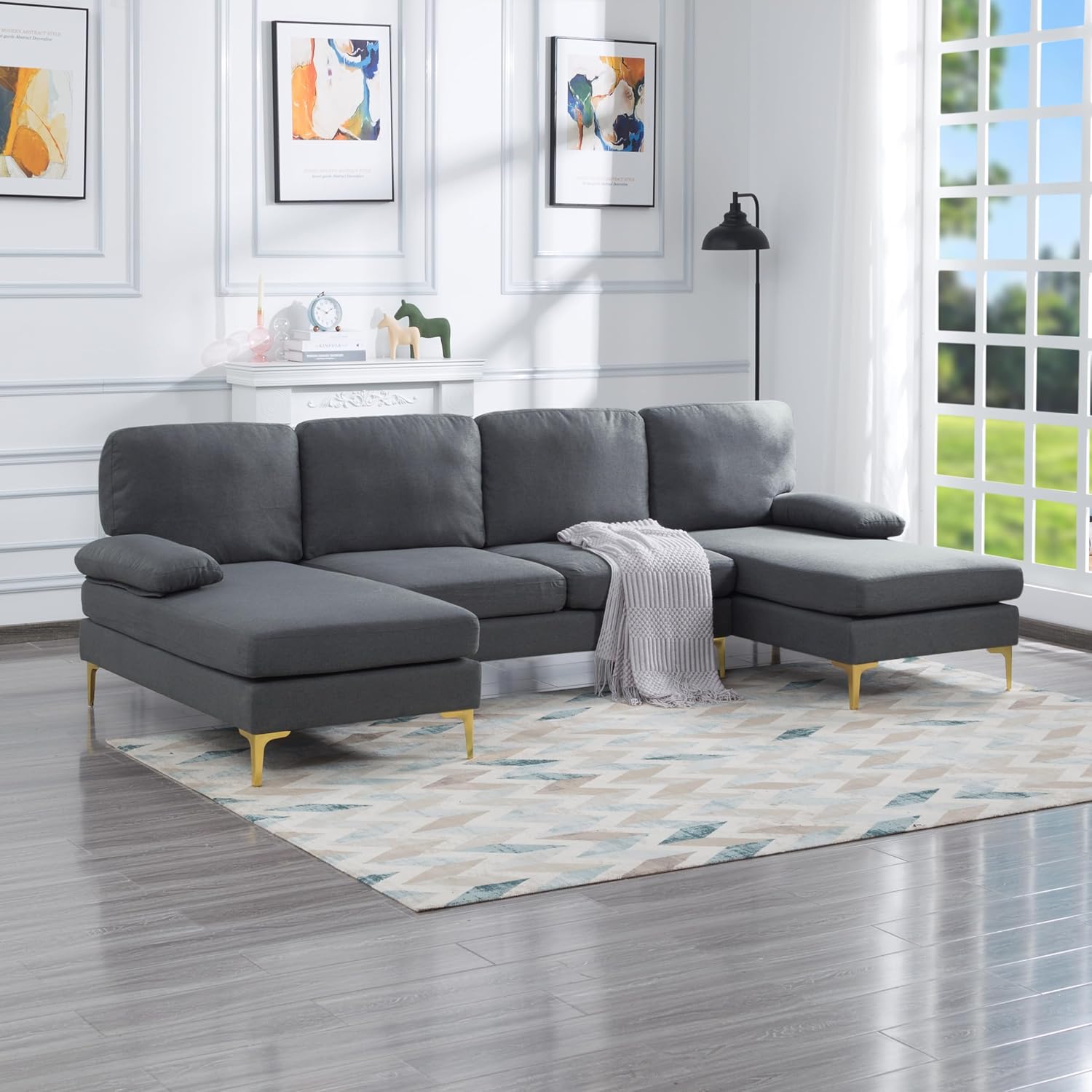 ((Incomplete Box 2 of 3 ))MMTGO 107.9” U Shaped Sectional Sofa with Double Extra Wide Chaise, w/Removable Back & Seat Cushions, for Living Room, Apartment, Small Space Dark Grey