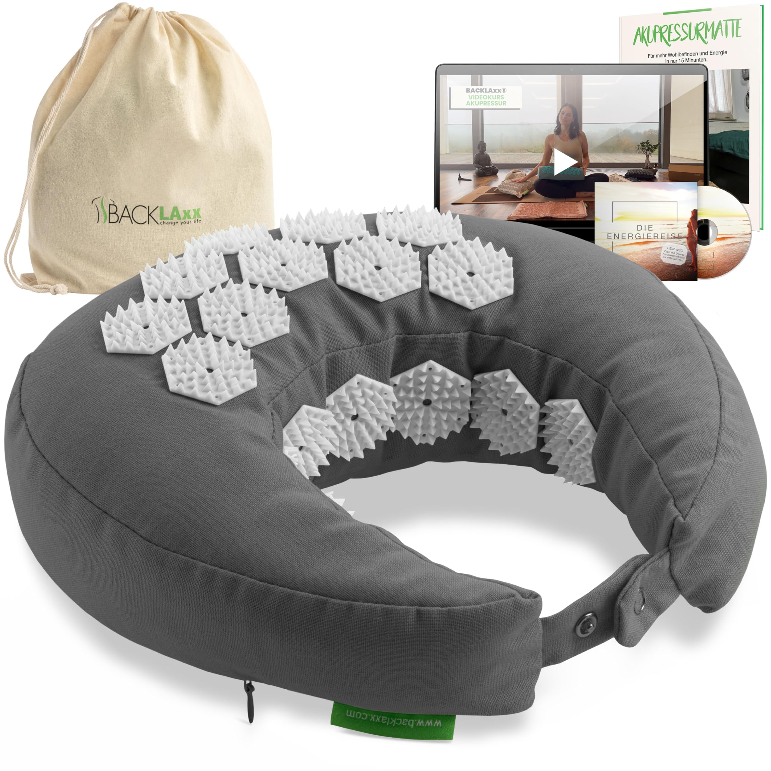 BACKLAXX® Coussin de Voyage d'Acupression, Sarrasin & Fonction Flip