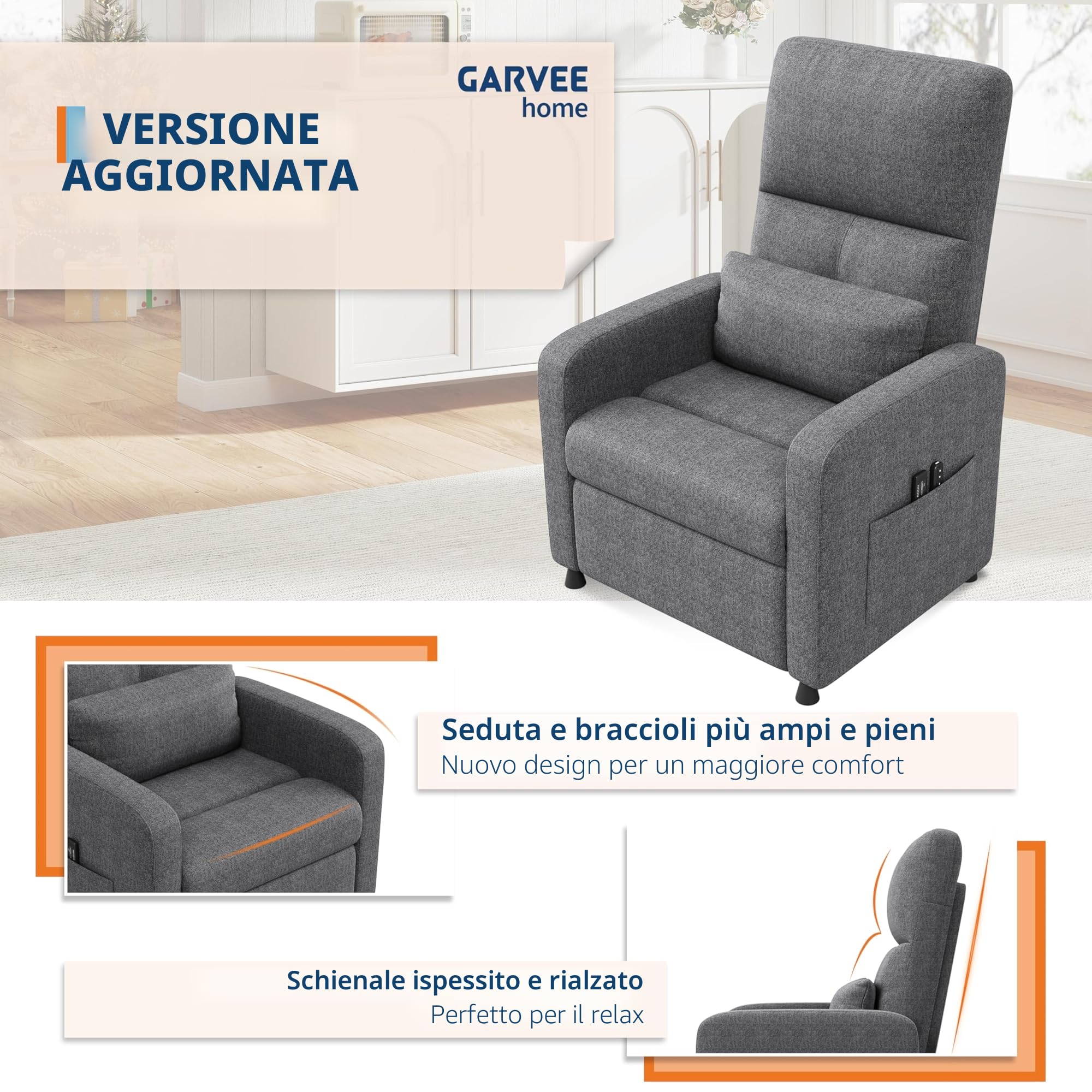 Poltrona Relax Reclinabile elettrica, Poltrona Massaggiante e Riscaldante con Poggiapiedi, Poltroncina Reclinabile con Schienale Imbottitura Spessa in Tessuto per Camera da Letto, Salotto e Soggiorno