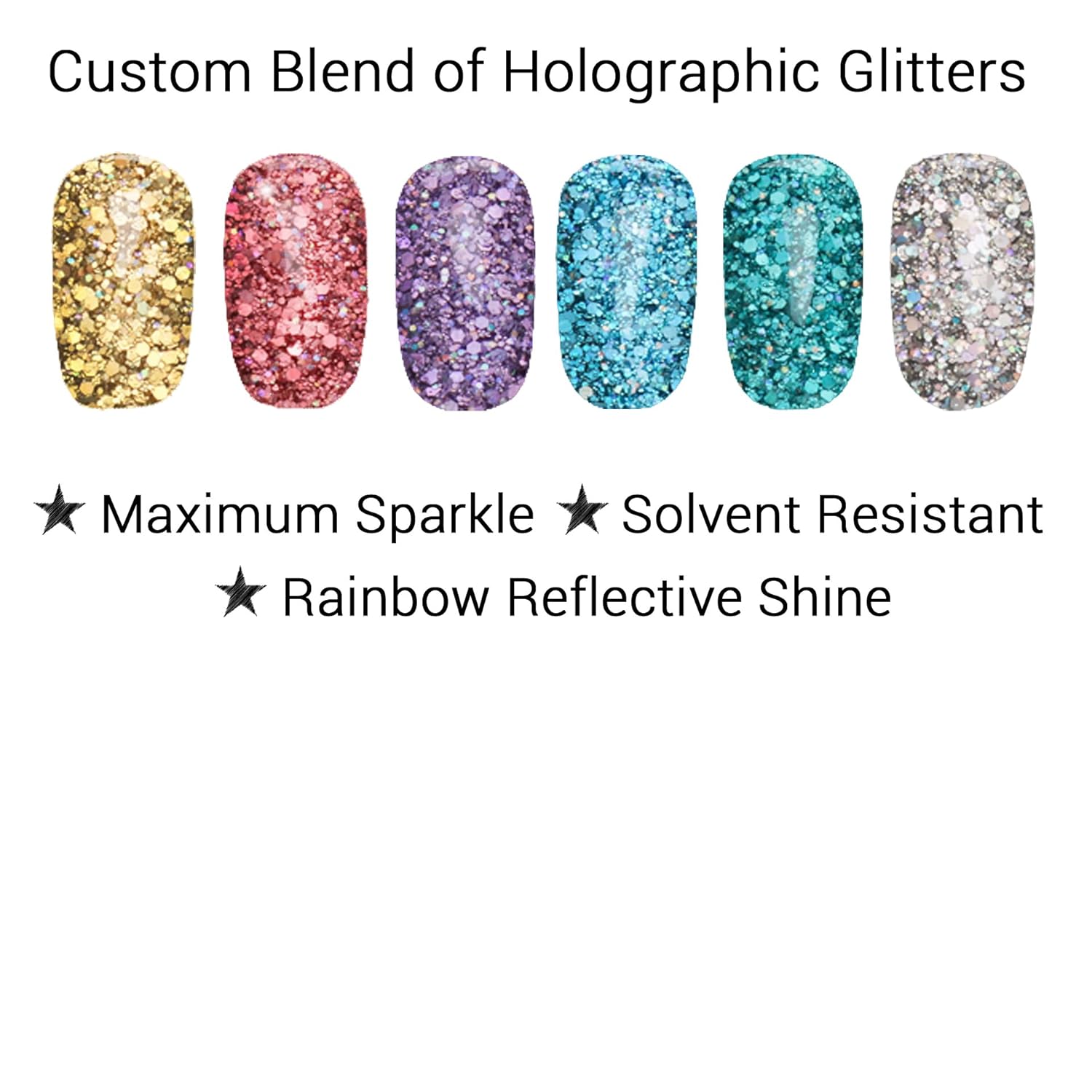 GLITTIES - 6PK - Beautiful Holographic Hand Mixed 6 Piece Glitter Kit - Solvent Resistant and Great for Nail Art Polish, Gels, & Acrylics Supplies - Made in The USA! - (60 Grams)