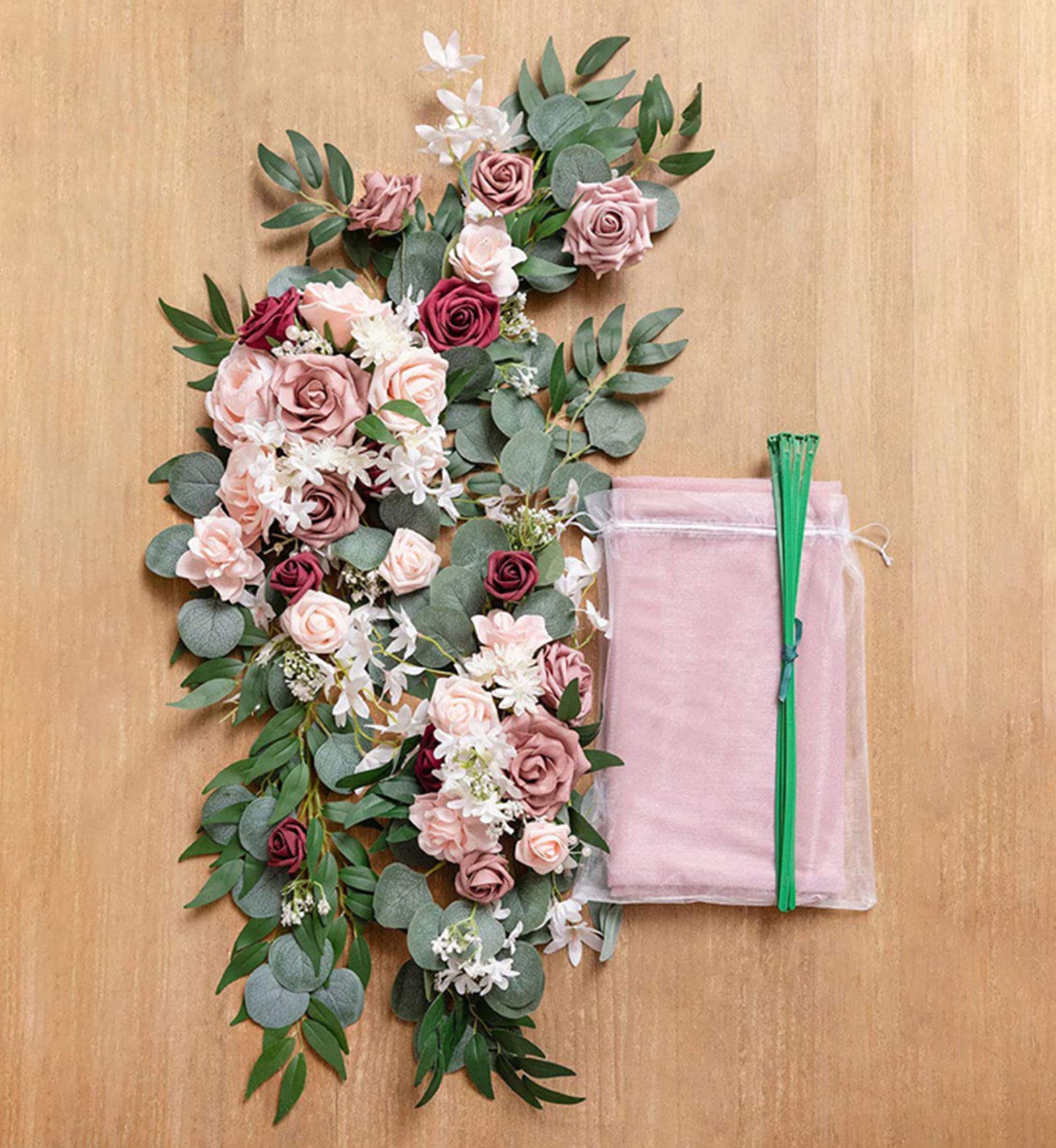 Hochzeitsbogen Blumen Set(3 Stück) – 2 weiße Rosen-Blumengirlanden und 1 transparenter Stoffvorhang, Blumenbogen-Dekoration für Zeremonien, Empfänge, Dekorationen oder zum Selbermachen
