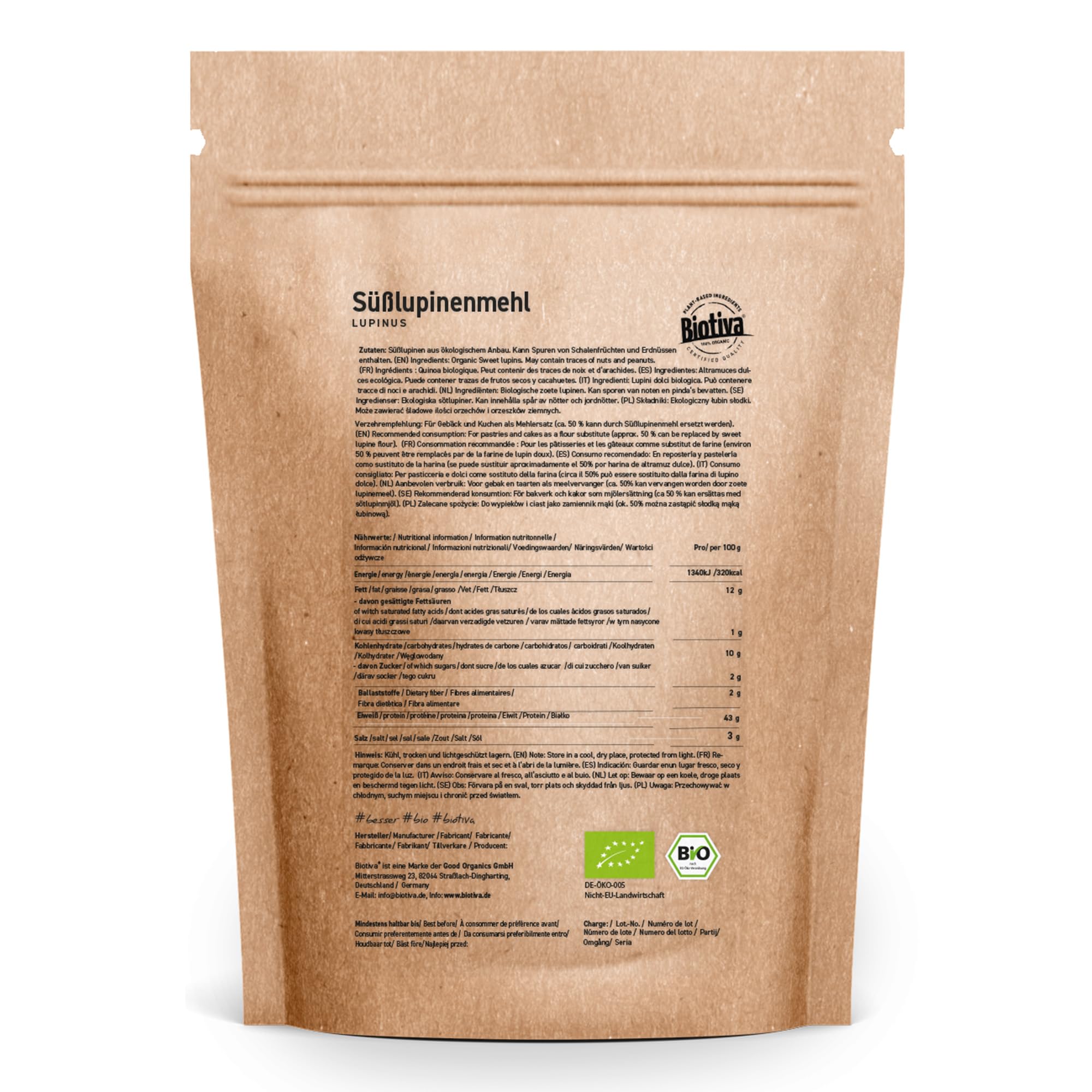 Farine de lupin doux Biotiva 1kg - à base de graines de lupin - 100% naturelle - substitut végétalien de farine de céréales - sans gluten - certifiée et conditionnée en Allemagne