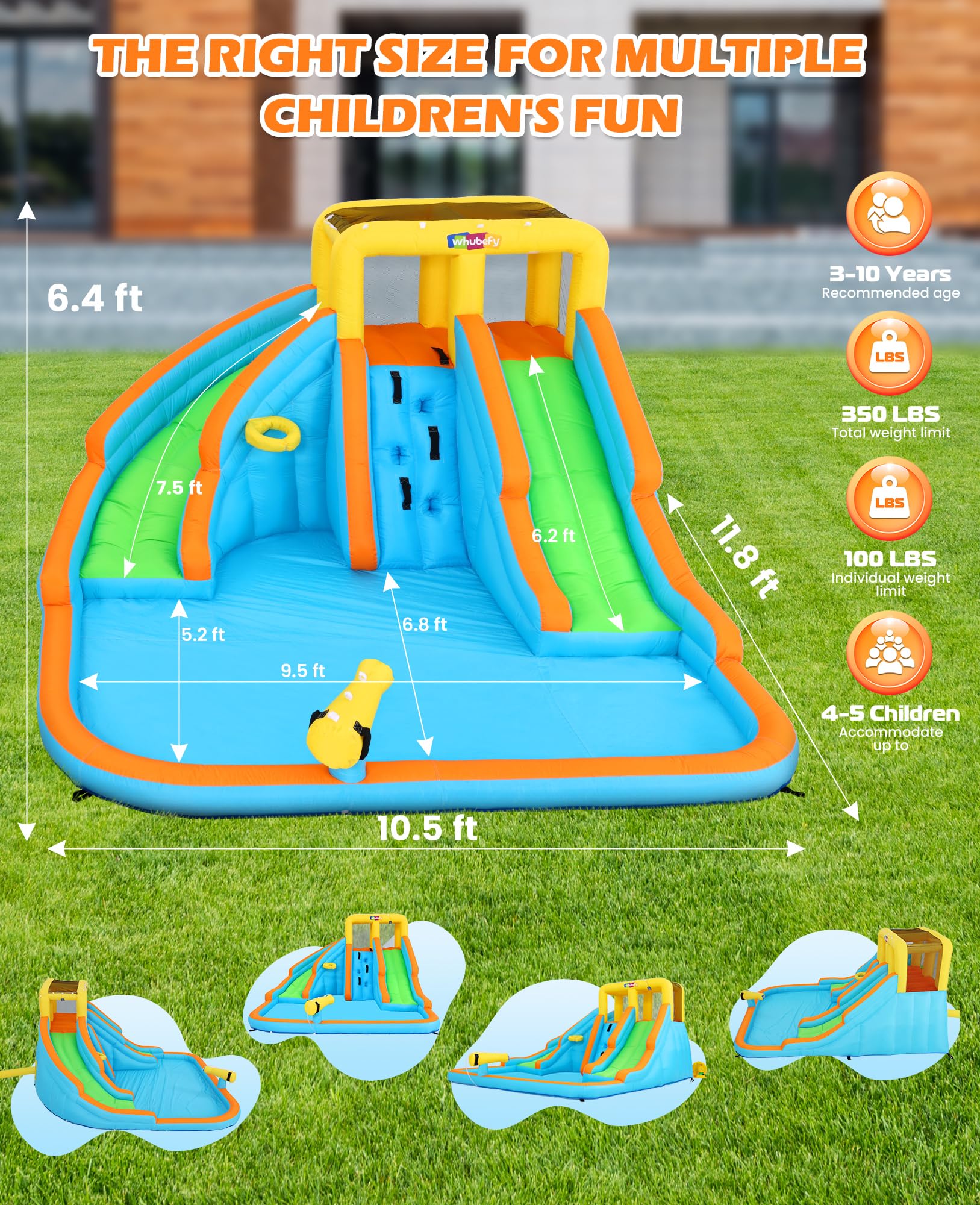 Whubefy Inflatable Water Slide for Kids Backyard 6 in 1 Double Water Slides Bounce House with Blower, 5 Toys, Splash Pool,Climb Wall, Outdoor Blow Up Water Park Waterslide Bouncy Castle for Kids Gifts