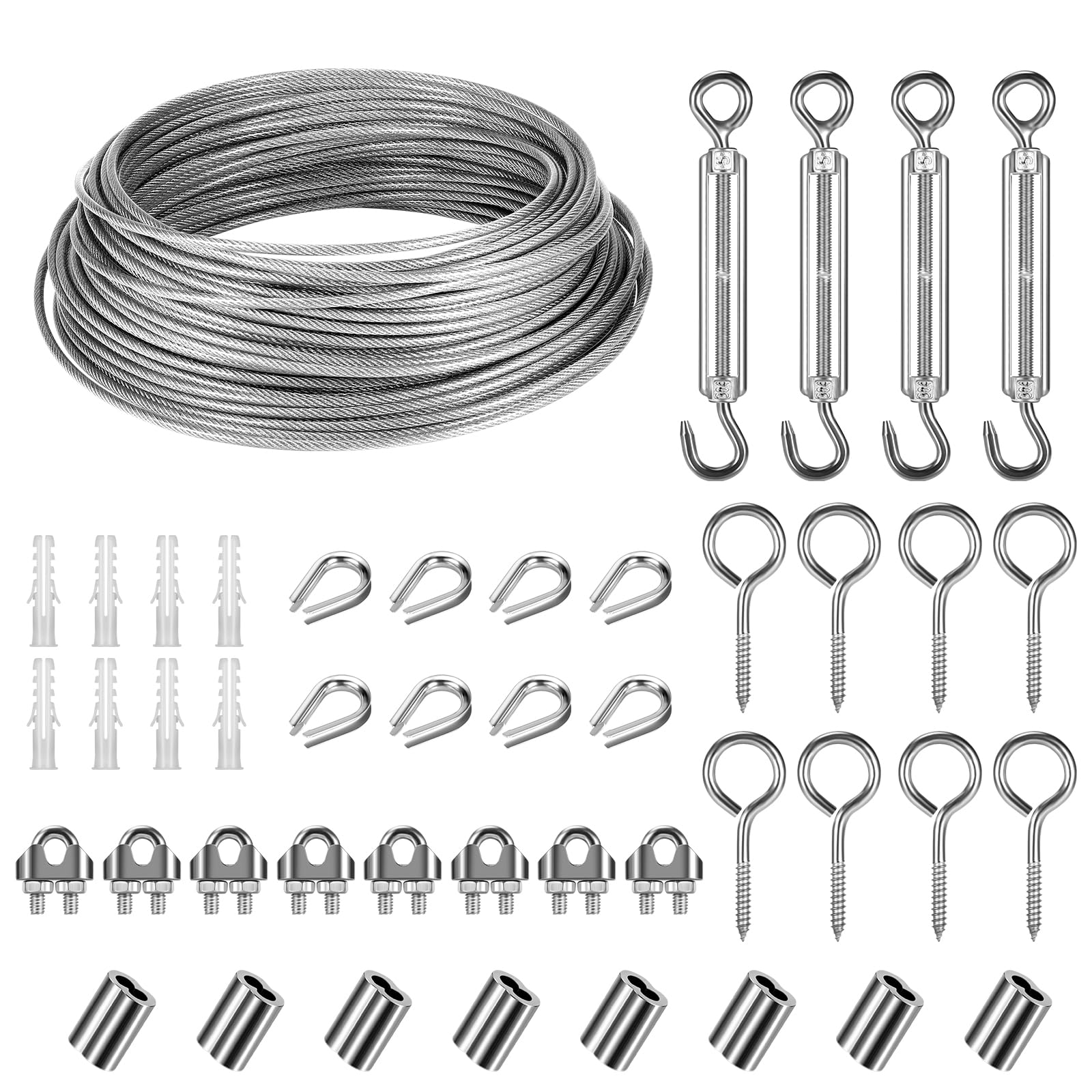 Kit de Suspension 30m en Acier Inoxydable Avec Tendeur M5 et Crochets - Câble 3mm PVC Pour Linge, Rambarde, Plante Grimpante, Lumière