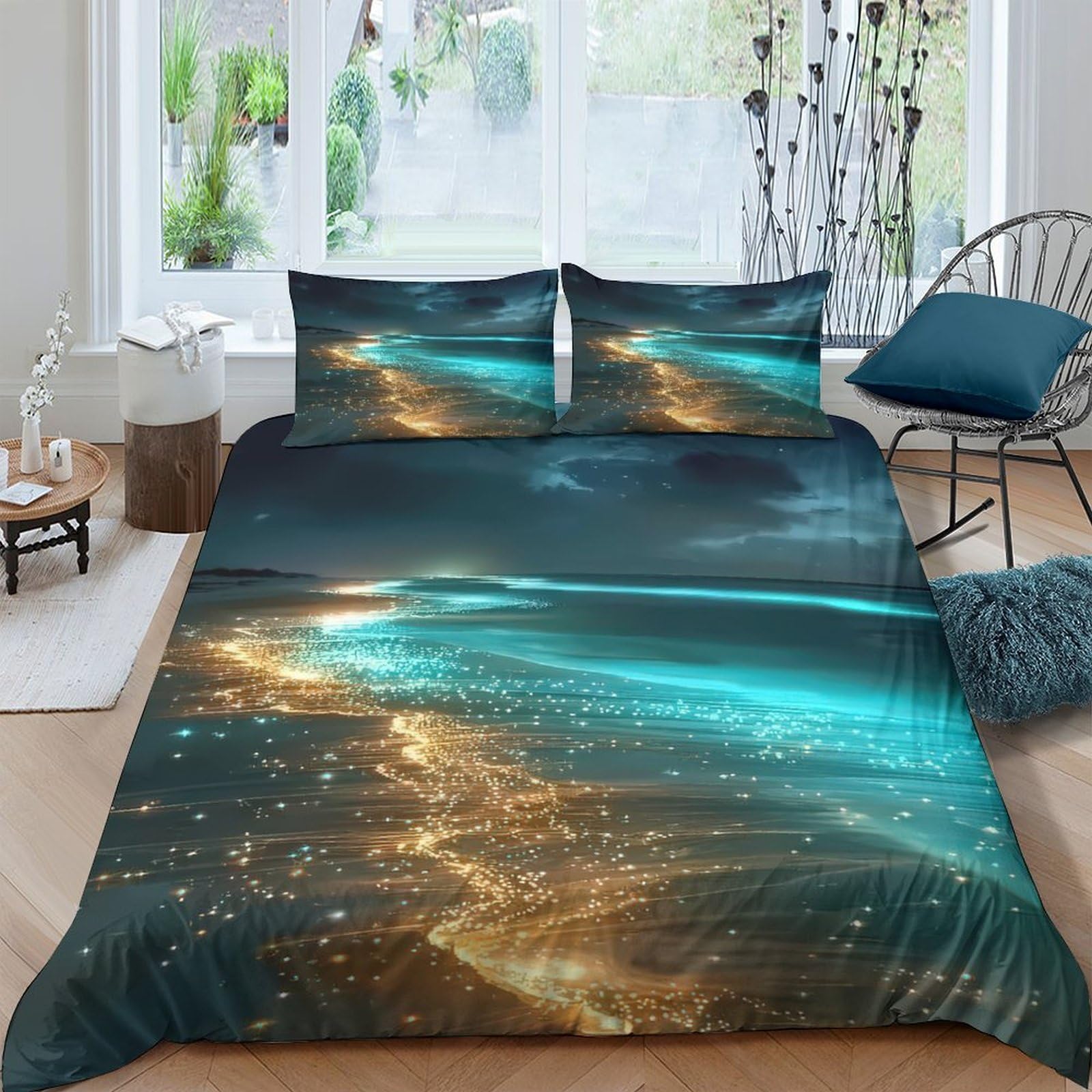 TUFRTGYHN 3D Printed Ocean Night Duvet Cover Microfiber Soft Breathable Seaside Glow Bedding Set with 2 Pillowcases for Bedroom Decor Single（135x200cm）