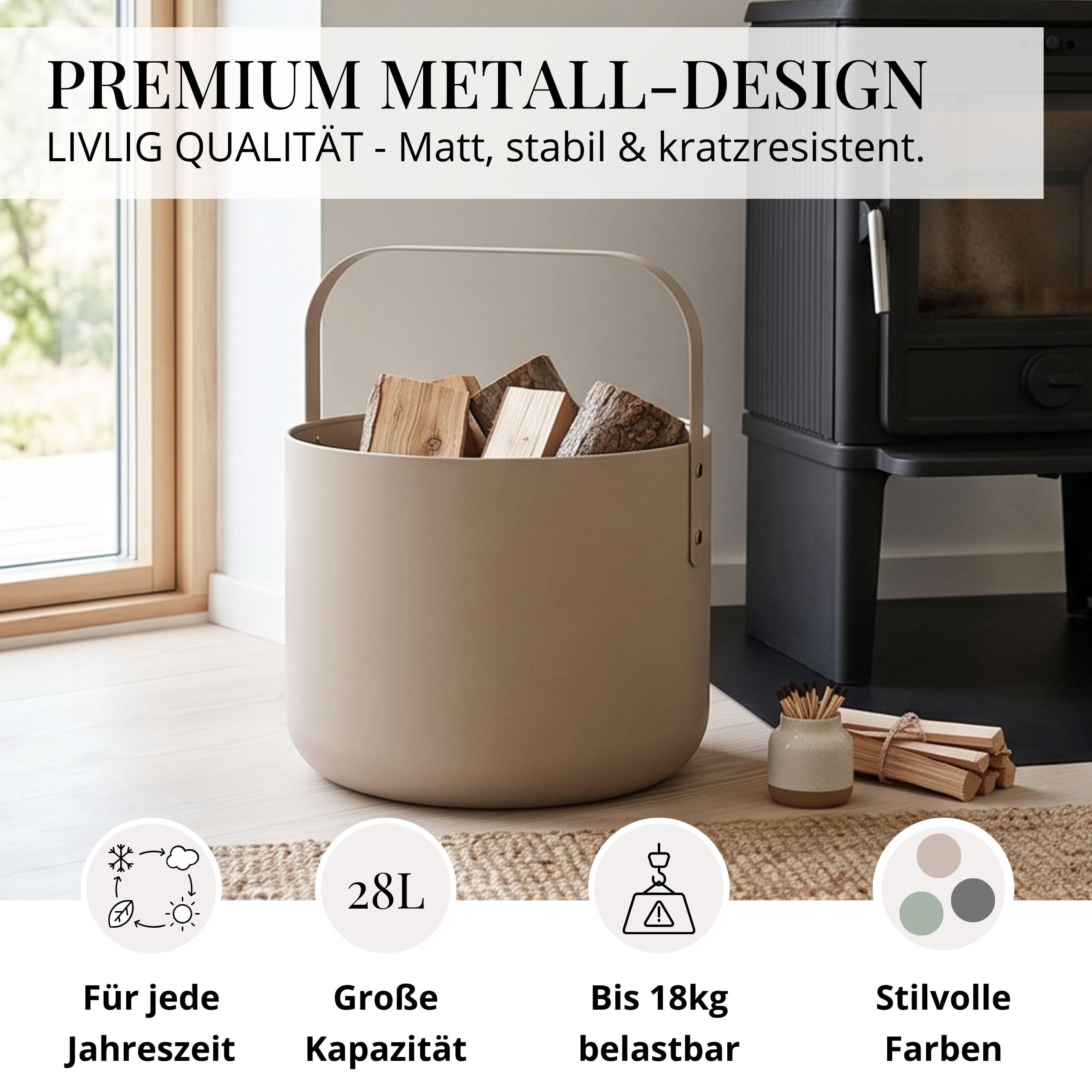 LIVLIG Design Kaminholzkorb Metall, Holzkorb für Kaminholz mit Henkel, Großer Korb für Kaminholz 36 x 44 cm, Brennholzkorb als Kaminzubehör, Aufbewahrungskorb in Matter Optik, Beige