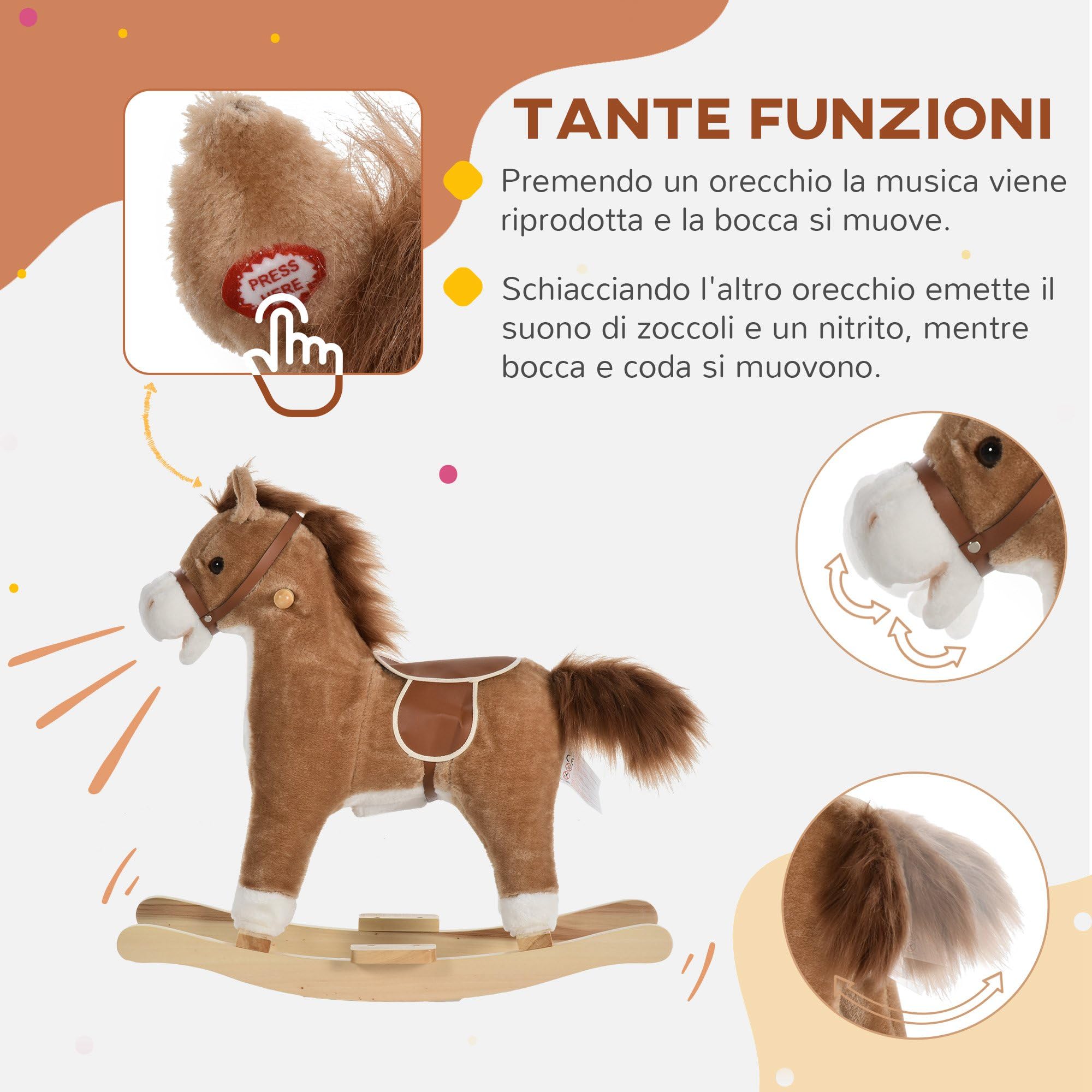 HOMCOM Cavallo a Dondolo per Bambini, Cavallino a Dondolo Bambini 36-72 Mesi, Cavalluccio Giocattolo con Suoni Realistici e 2 Batterie AA, Marrone