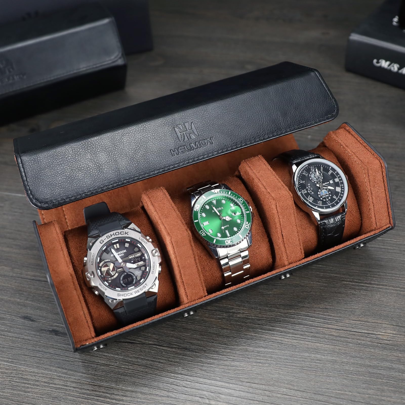 Estuche enrollable de reloj para hombres y mujeres, caja organizadora de relojes con 3 ranuras, almacenamiento hexagonal para 3 relojes, estuche portátil de viaje de piel sintética (negro | Caja de reloj de viaje portátil para reloj de 3, caja de reloj de