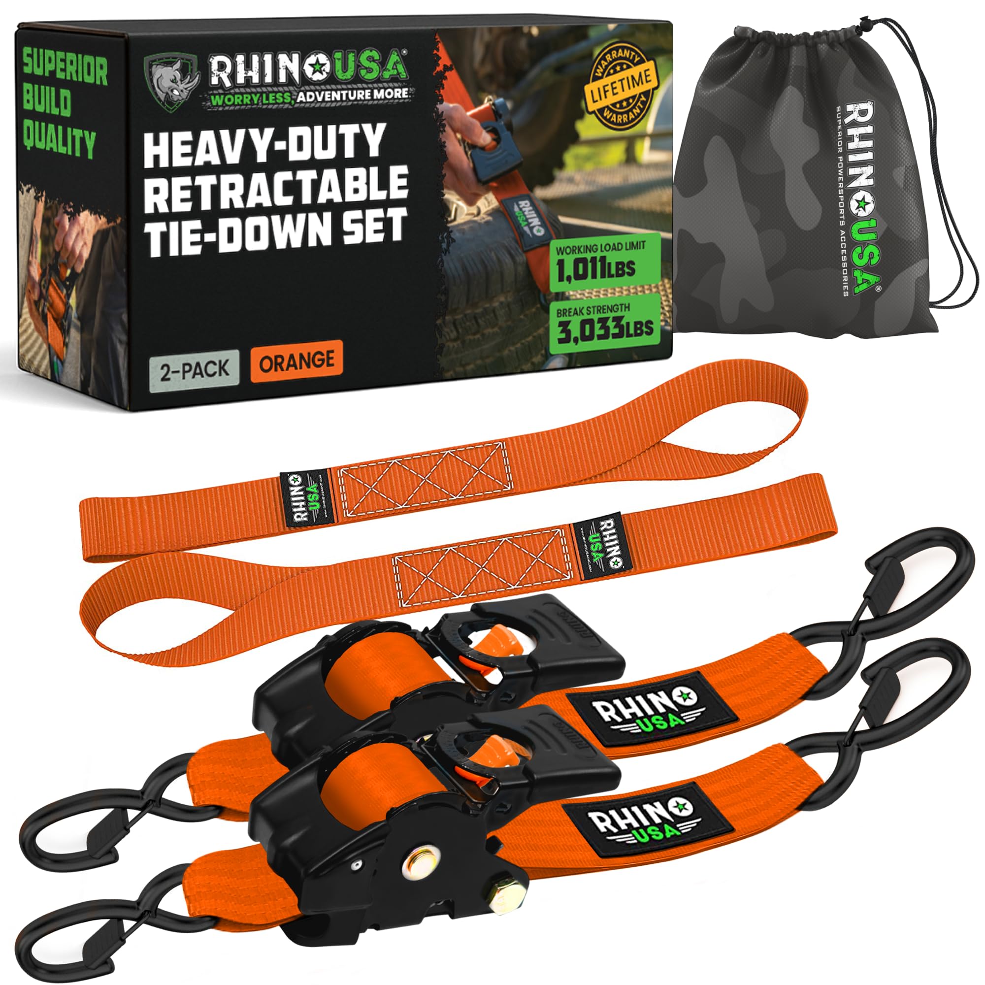 Rhino USA Retractable Ratchet Straps (2-Pack) - 2 Inch x 10 Feet (3,033lb Break Strength) - Heavy Duty Auto Self Retracting Tie Down Straps for Truck, Cargo Trailer, Motorcycle, Rad & More - Orange