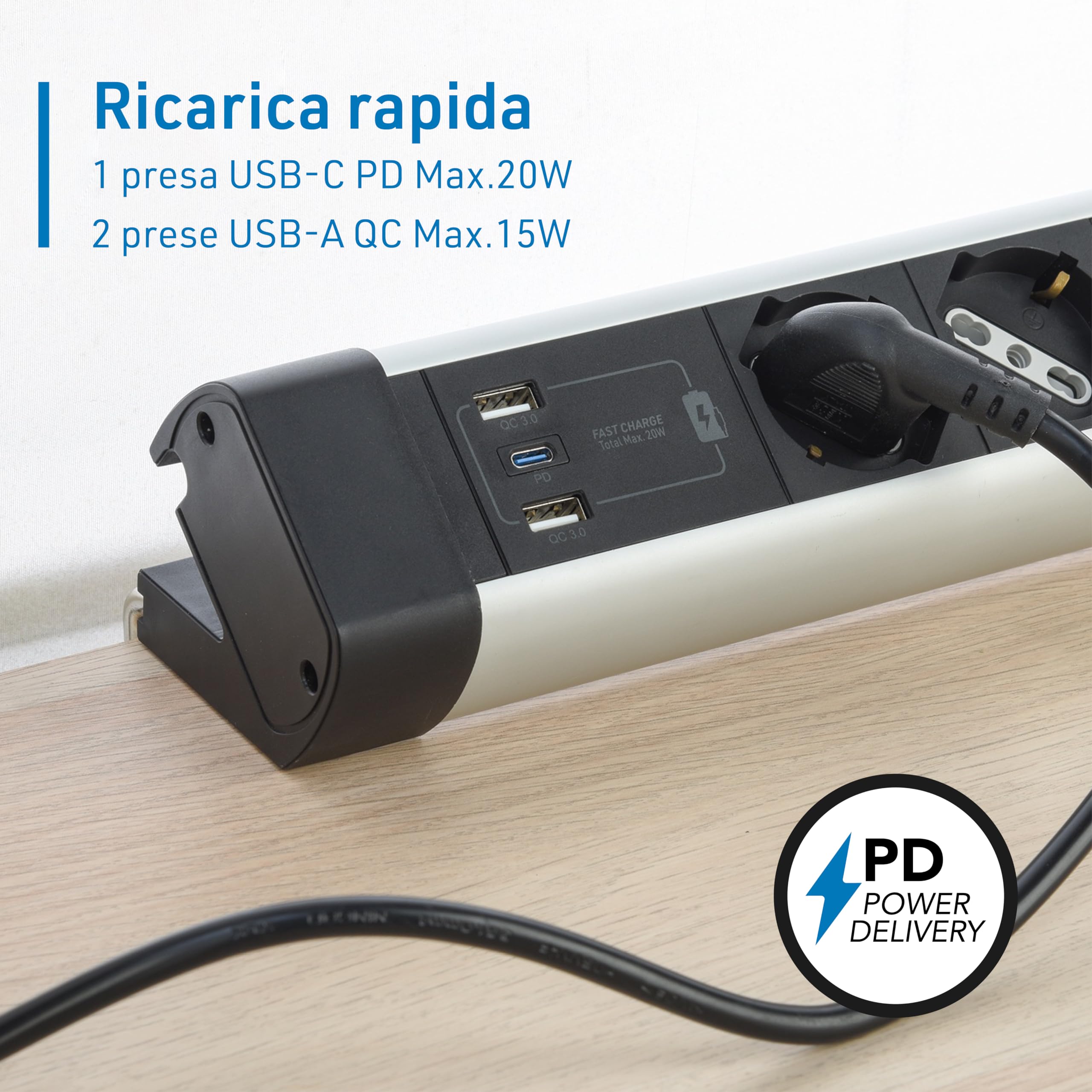 Electraline 61918 Multipresa Scrivania 4 Posti Polivalenti, Schuko + 10/16 A, con 3 USB (2 USB A 3.0A + 1 USB C 20W Power Delivery), Cavo H05VV-F 3G.1 lunghezza 2M, protezione contro sovratensioni