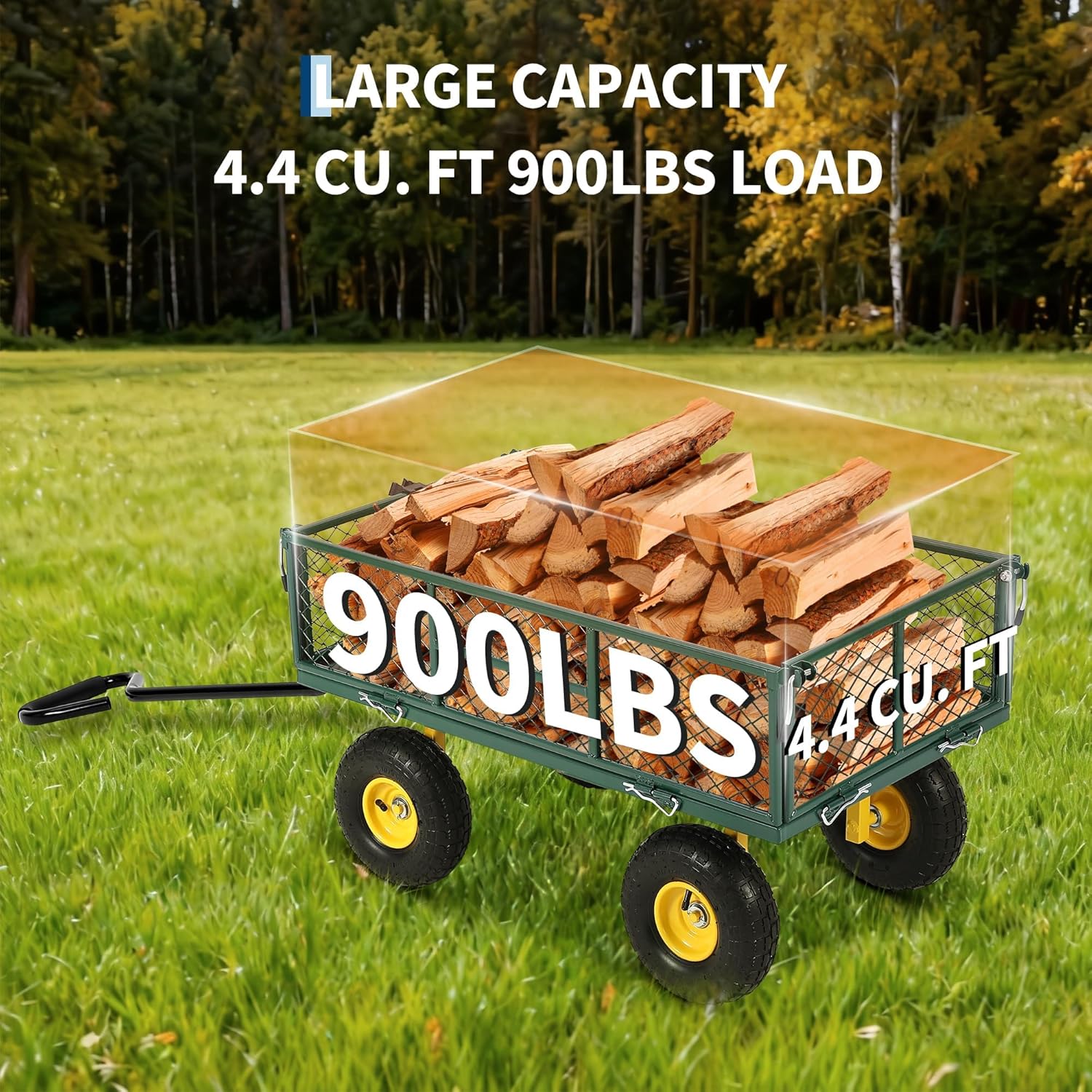 2 in 1 Garden Cart, 4.4 Cu.ft, 900 LB Capacity, Heavy Duty Steel Yard Wagon with Removable Sides & Rotating Handle, Utility Lawn Cart for Home Farm, and Landscaping, Green