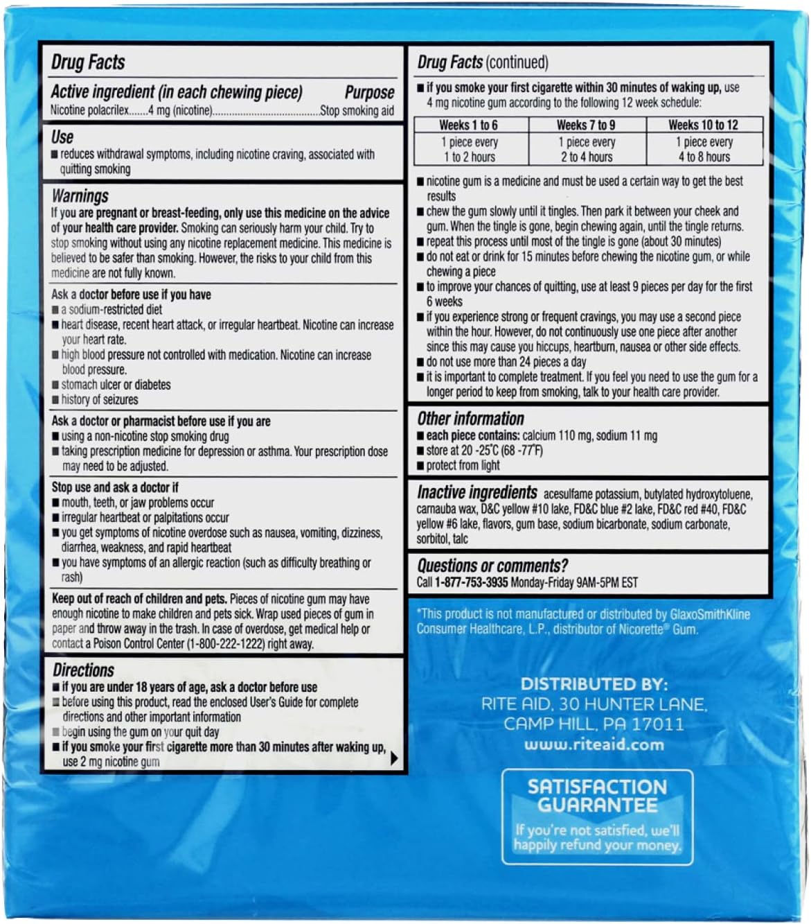 Rite Aid Nicotine Gum, Original Flavor, 4 mg - 110 Count | Quit Smoking Aid | Nicotine Replacement Gum| Stop Smoking Aids That Work Quick | Chewing Gum to Help You Quit Smoking | Uncoated Nicotine Gum