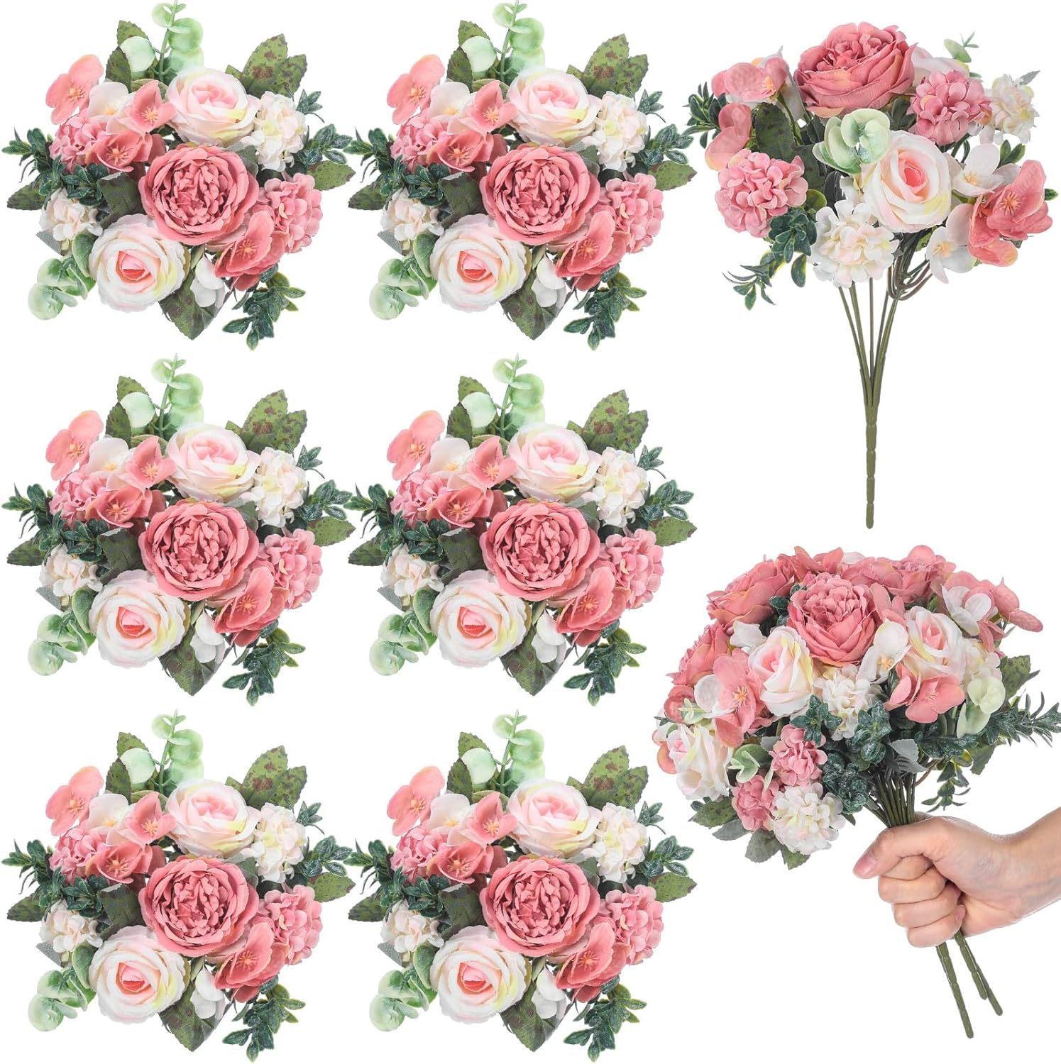 6 Pcs Artificial Peony Silk Florals Fake Mix Silk Peony Rose Faux Flower Hydrangea Bouquet Elegant Realistic Wedding Floral Centerpiece for Home Party Table Arrangement (Light Pink)
