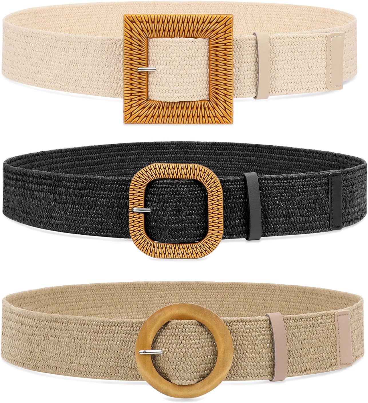 WHIPPY Set of 3/4 Straw Woven Elastic Stretch Waist Belts for Women, Fashion Boho Ladies Braided Skinny Dress Belt