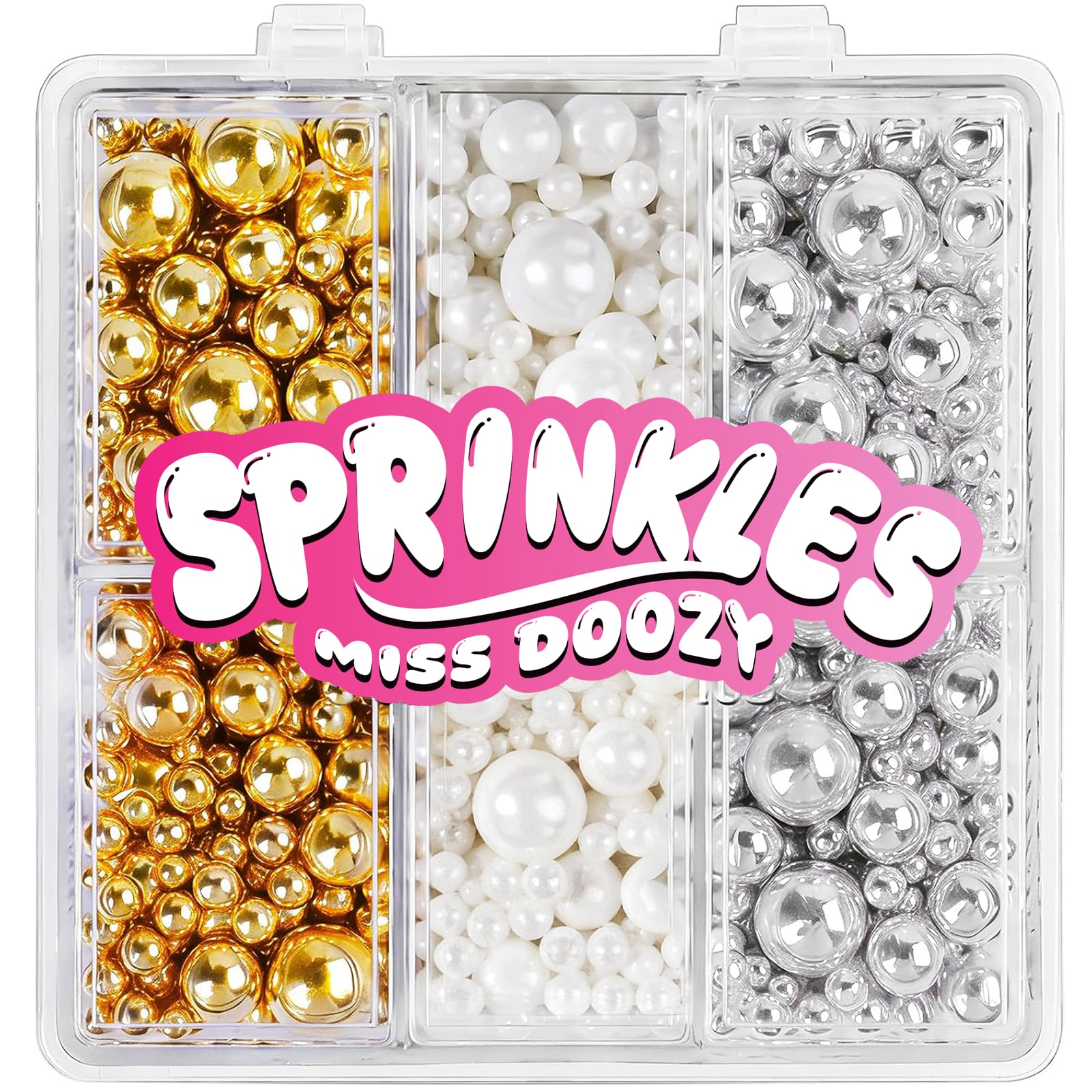 Perlas de Azúcar Blancas, Doradas & Plateadas Comestibles 130g - 4 Tamaños de Perlas para Decorar Tartas, Cupcakes y Galletas - Ideal para Bodas, Cumpleaños, Halloween, Navidad, Sprinkles