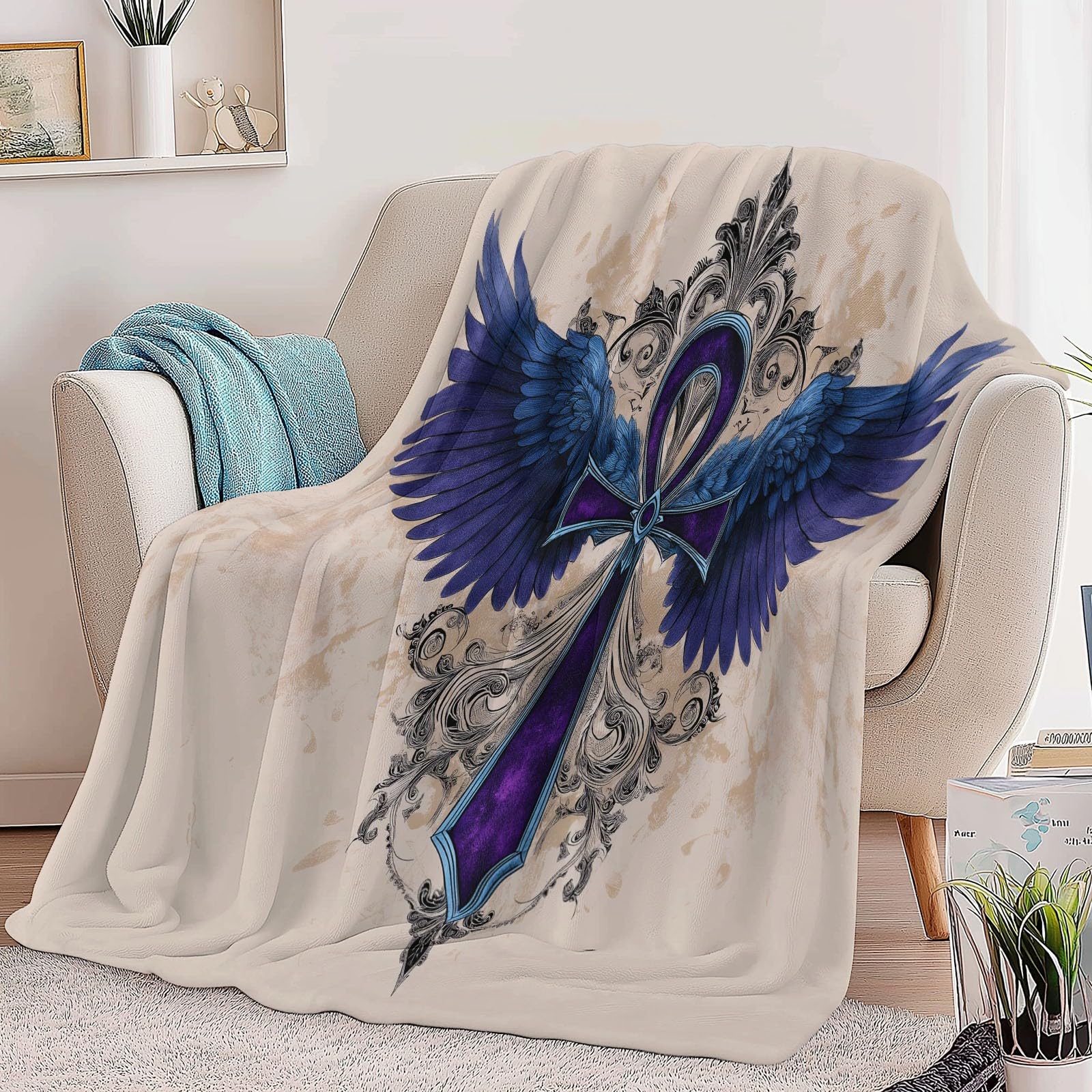 Genérico Koc flanelowy z polaru dla dzieci i dorosłych 200 x 200 cm, koce na sofę z nadrukiem fantazyjne wykwintne skrzydła zwierzęce - fioletowy miękki ciepły ciepły oddychający lekki koc